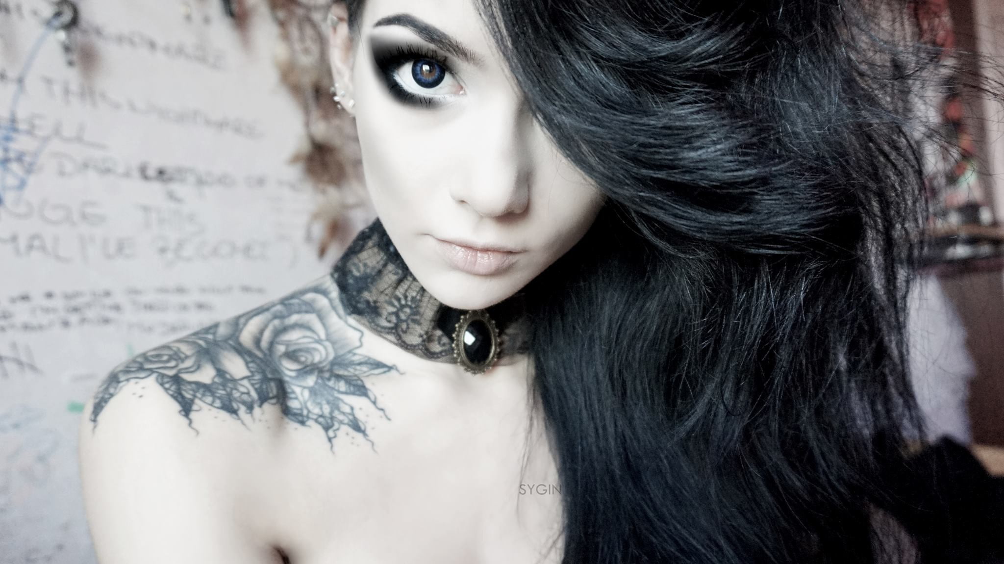 model, emo, tattoo, Sygin, dark hair