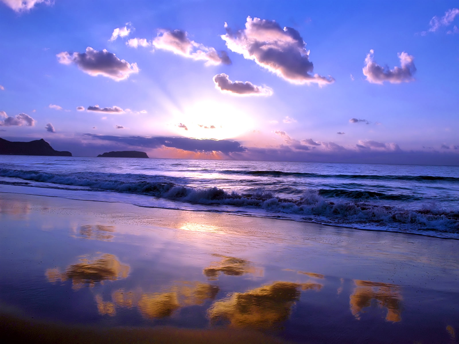 beach, clouds, reflections, sand, shore, waves