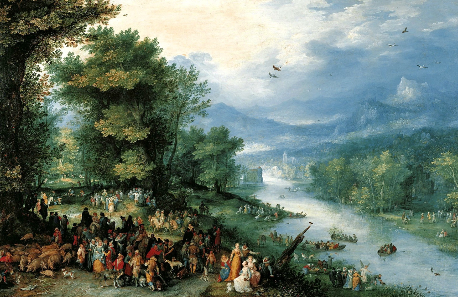 picture, genre, mythology, Jan Brueghel the elder, Landscape with TAVIA and Angel