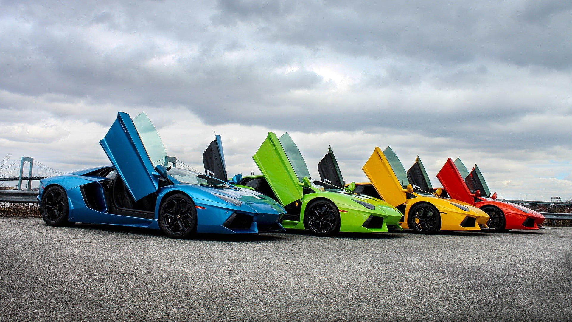 four assorted-color sports cars, Lamborghini, Lamborghini Aventador
