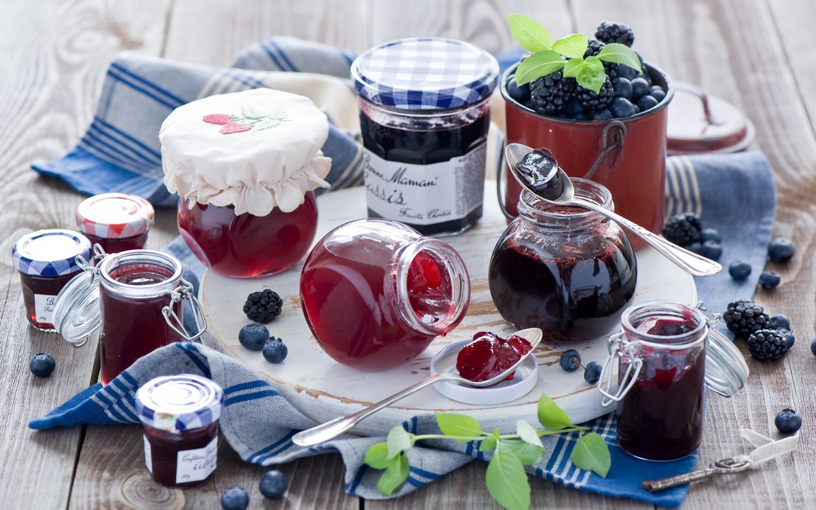assorted-shape glass jar lot, jam, berries, blueberries, blackberries
