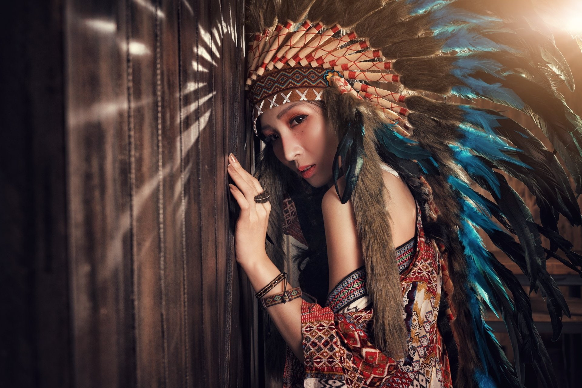 Women, Native American, Asian, Brown Eyes, Feather, Girl, Headdress