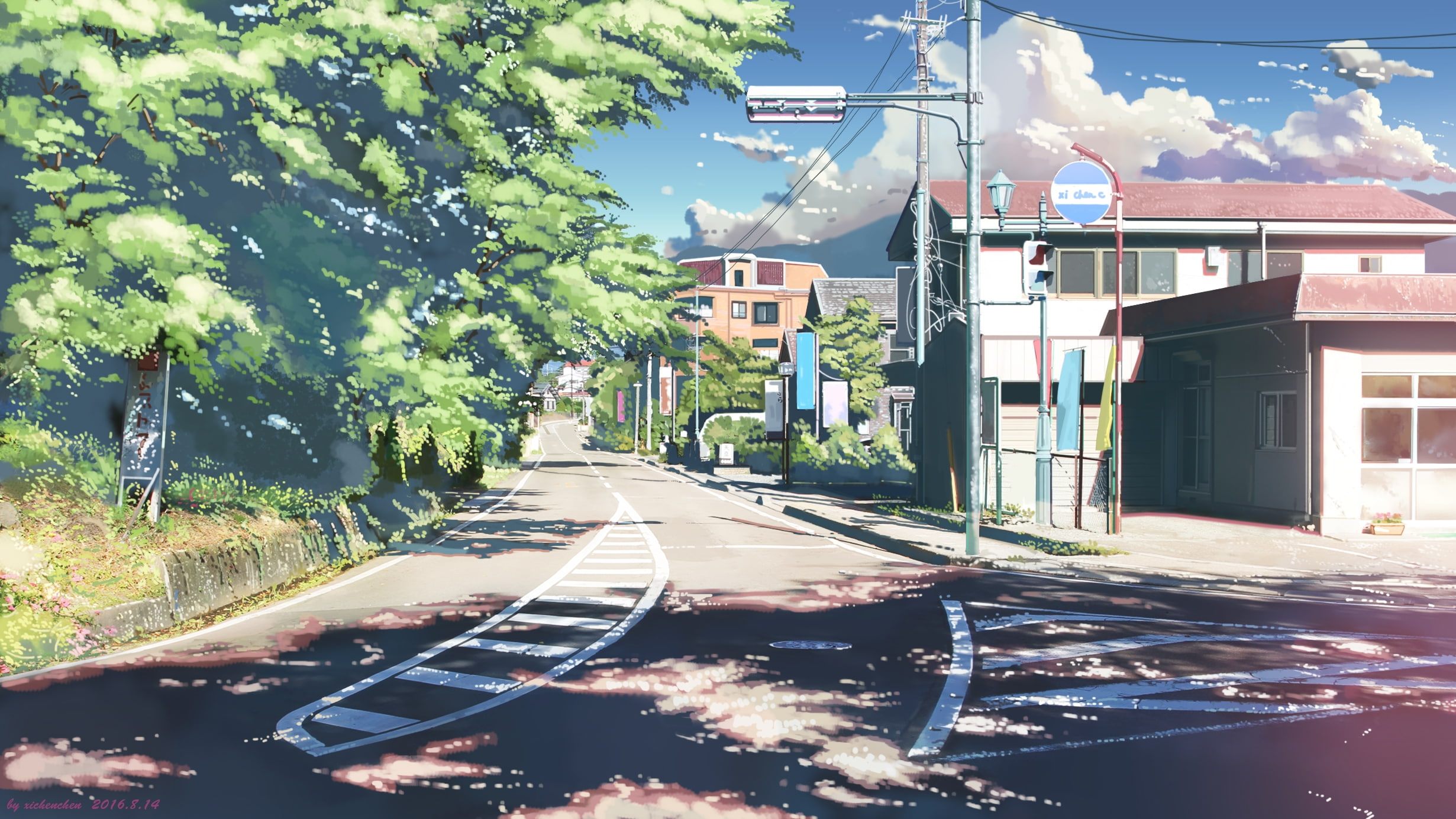 anime landscape, road, buildings, trees, sunshine, clouds, scenic