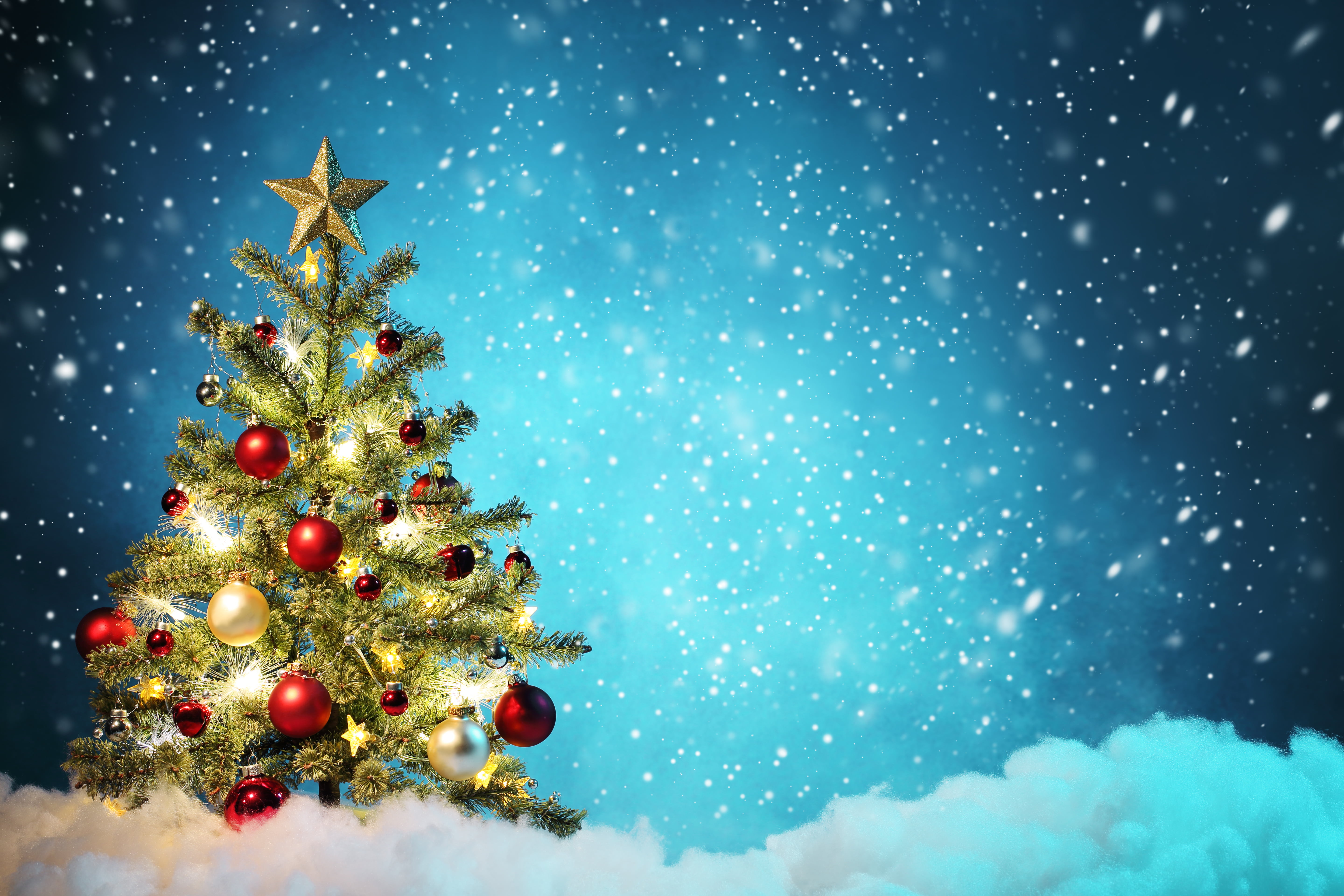 green Christmas tree, stars, snow, decoration, New year, Merry Christmas