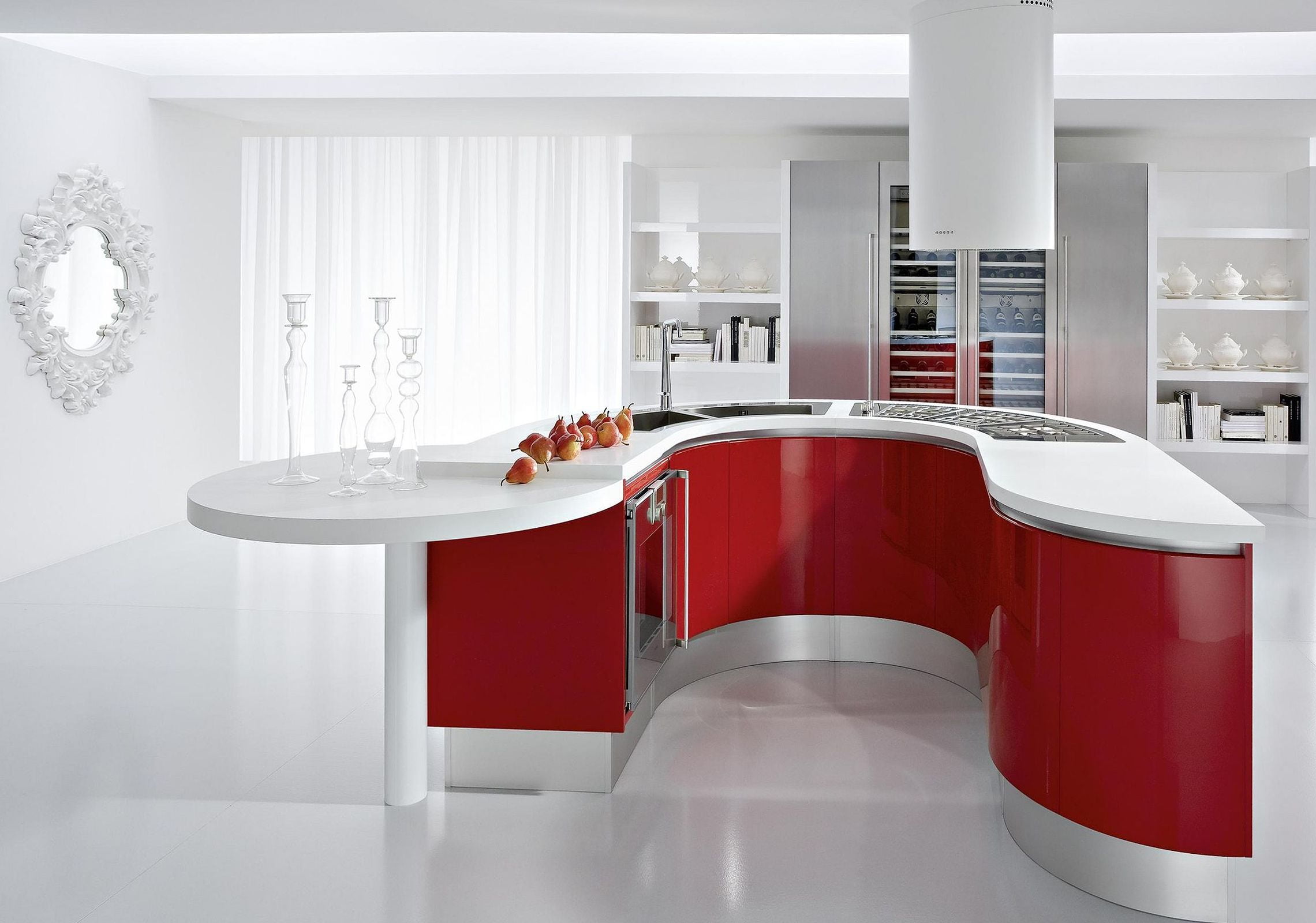 white and red kitchen island, design, house, style, table, room