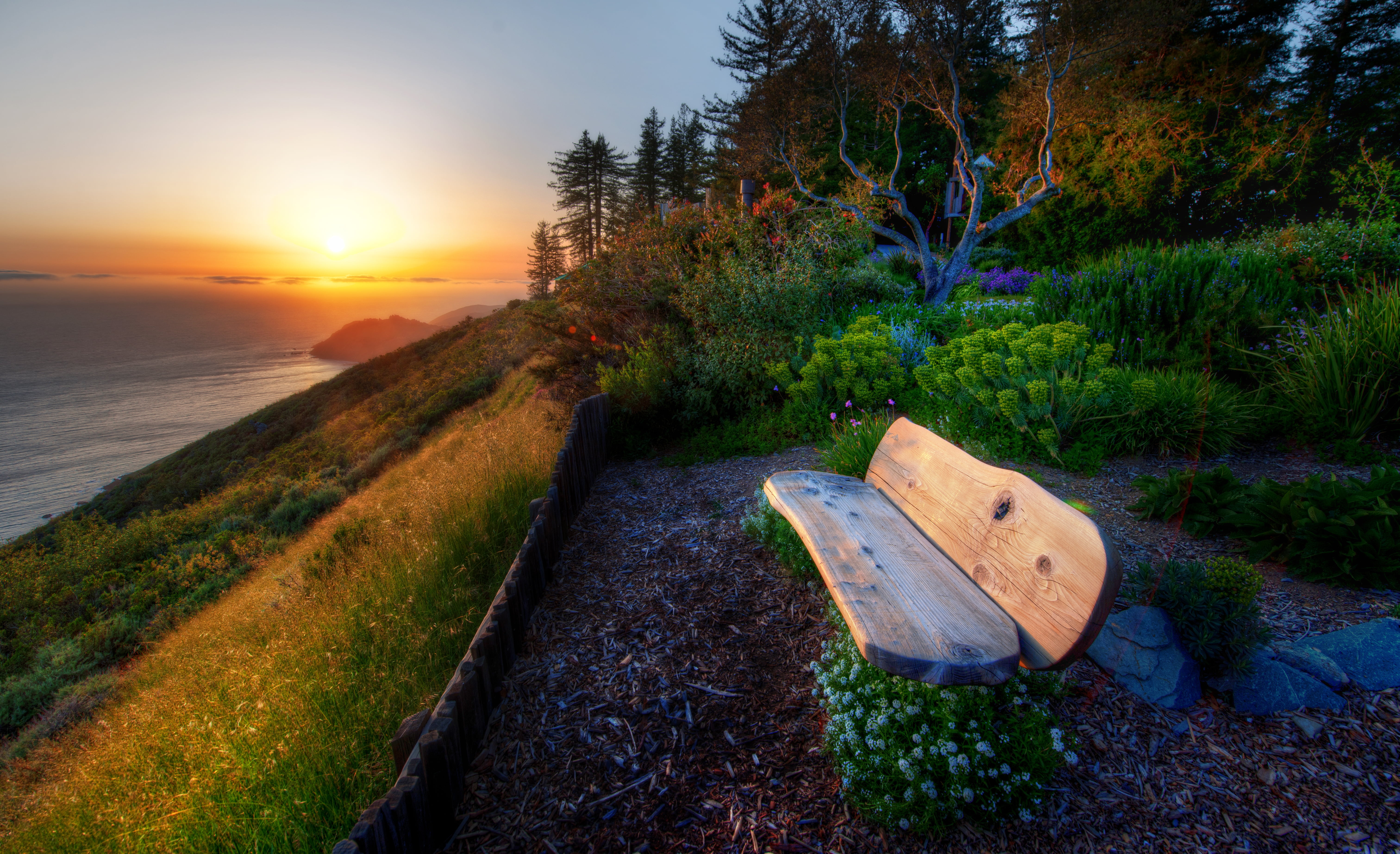 landscape nature during sunset illustration, Bench, Big Sur, Monterey  california
