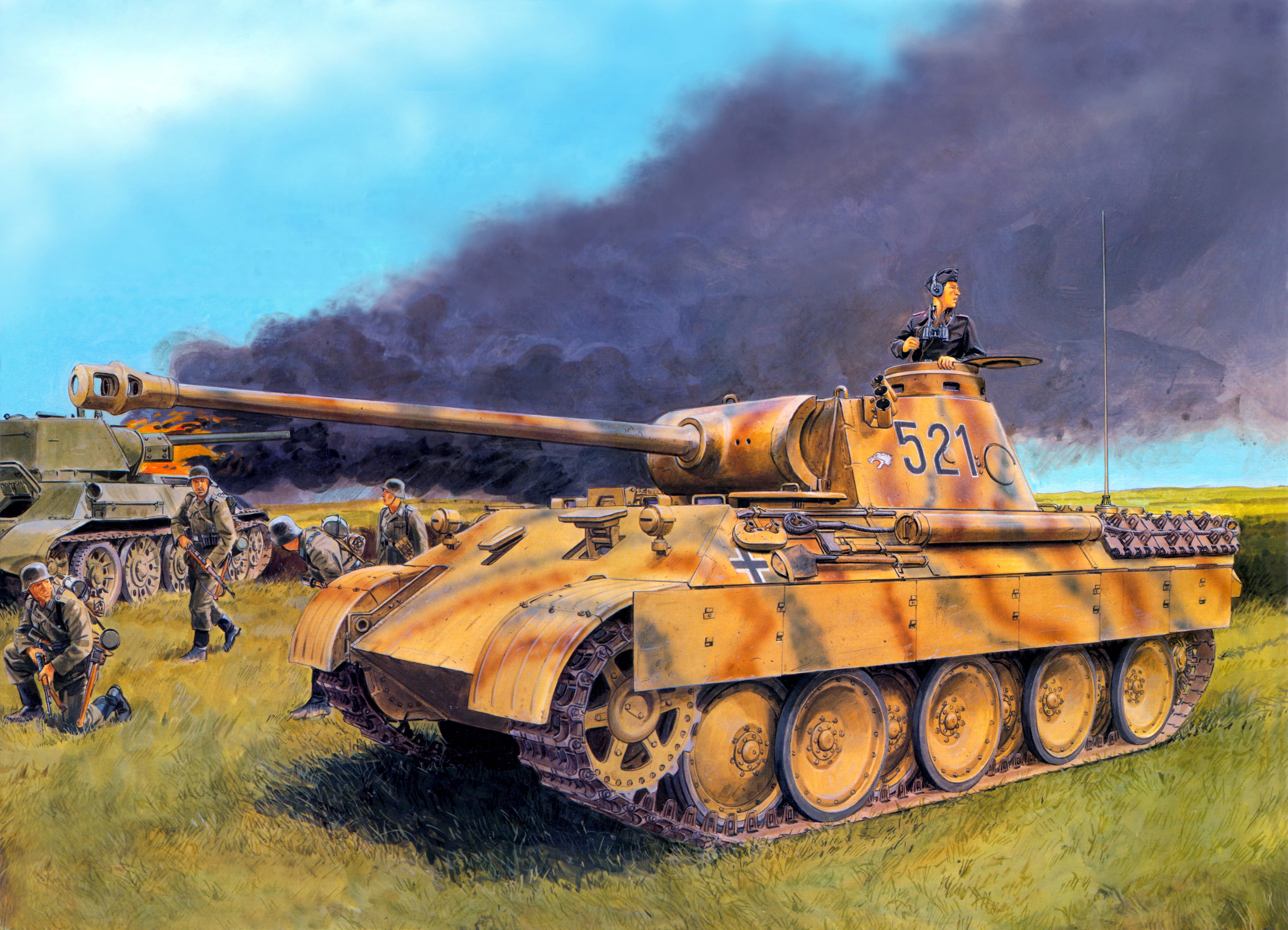 German Panzer illustration, field, fire, flame, smoke, art, Panther