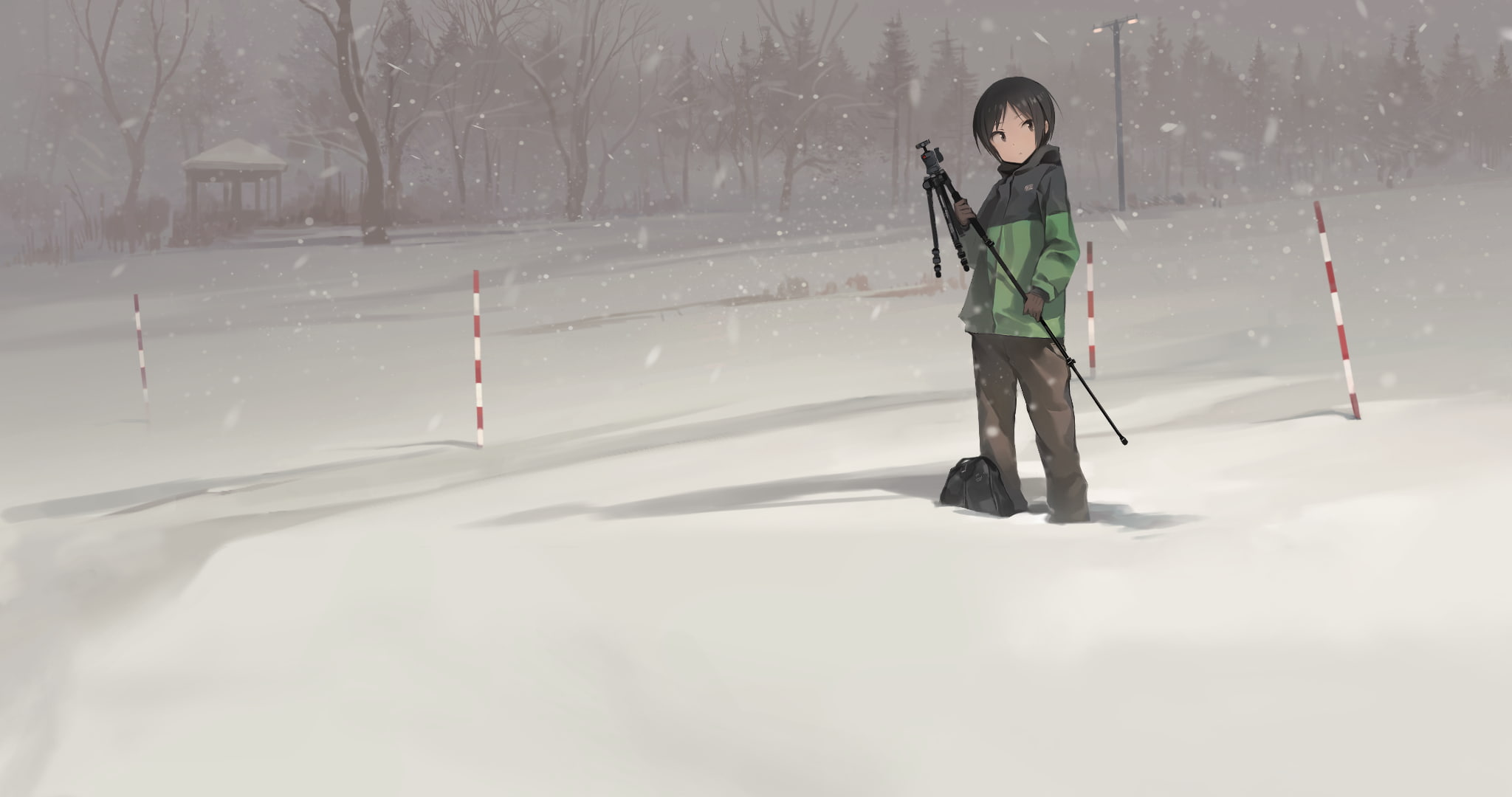 snow, jacket, trees, original characters, anime, winter, cold temperature