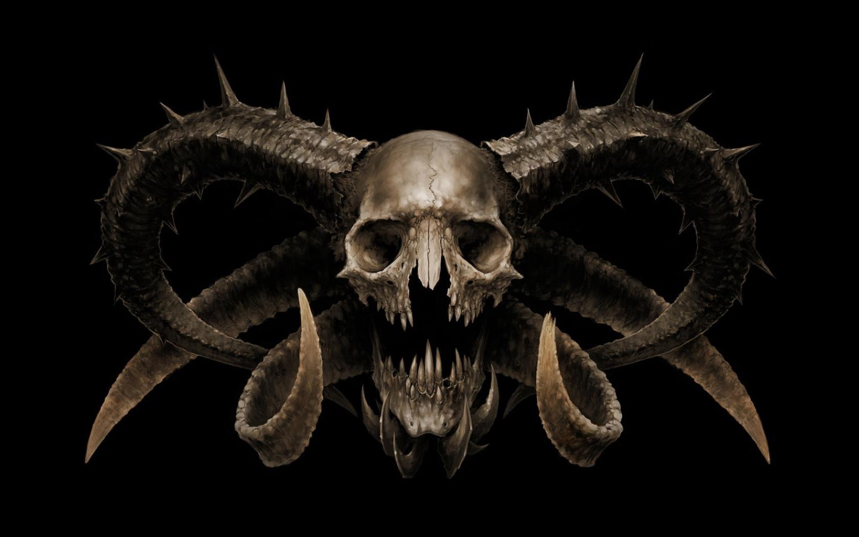 gray skull with horns wallpaper, digital art, creature, demon
