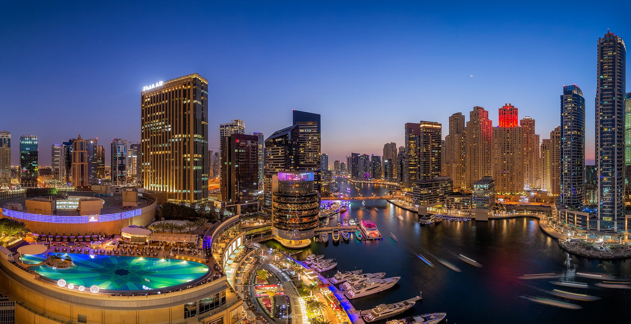 building, Bay, yachts, pool, panorama, Dubai, night city, skyscrapers