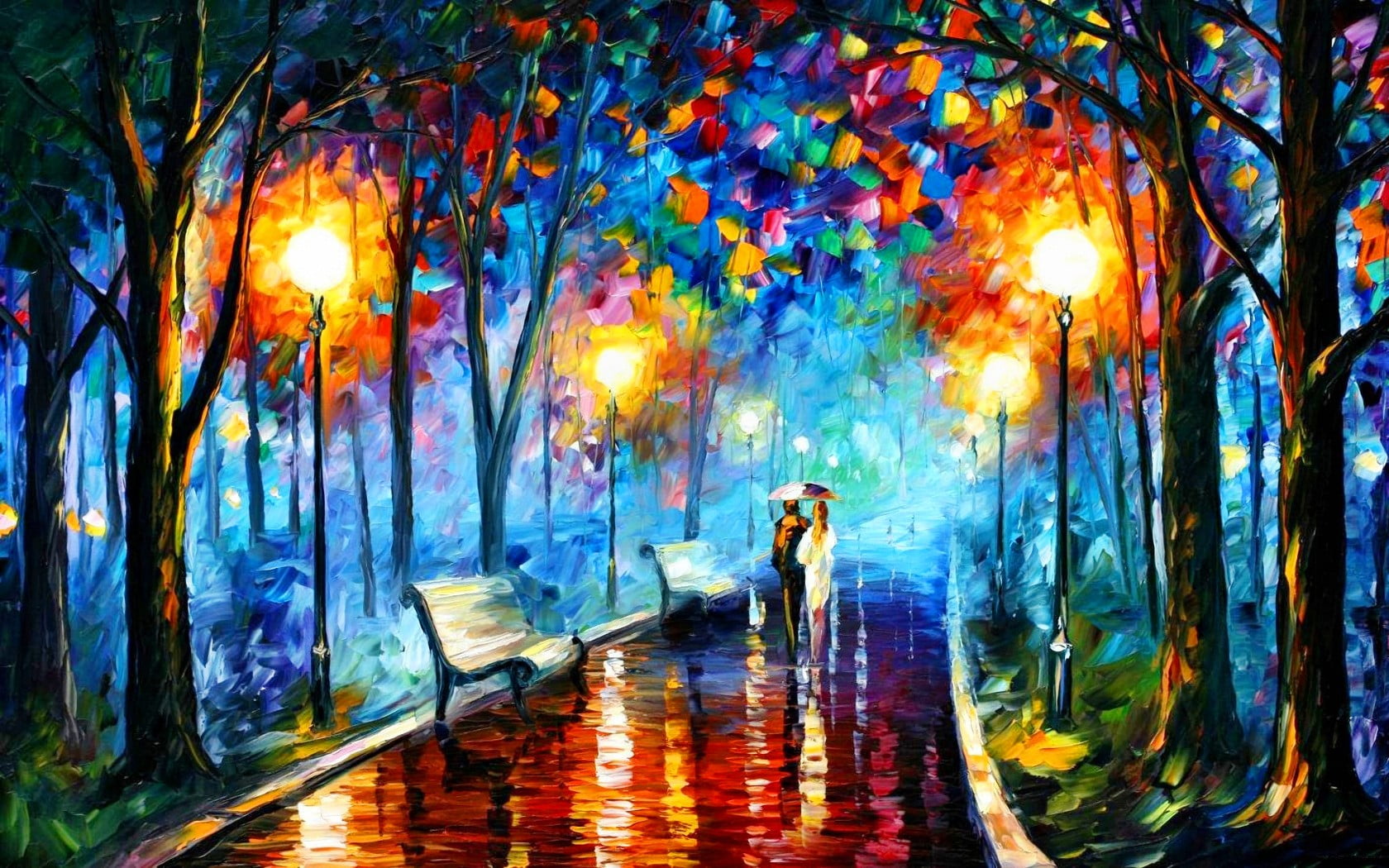 painting of couple walking along pathway, park, Leonid Afremov