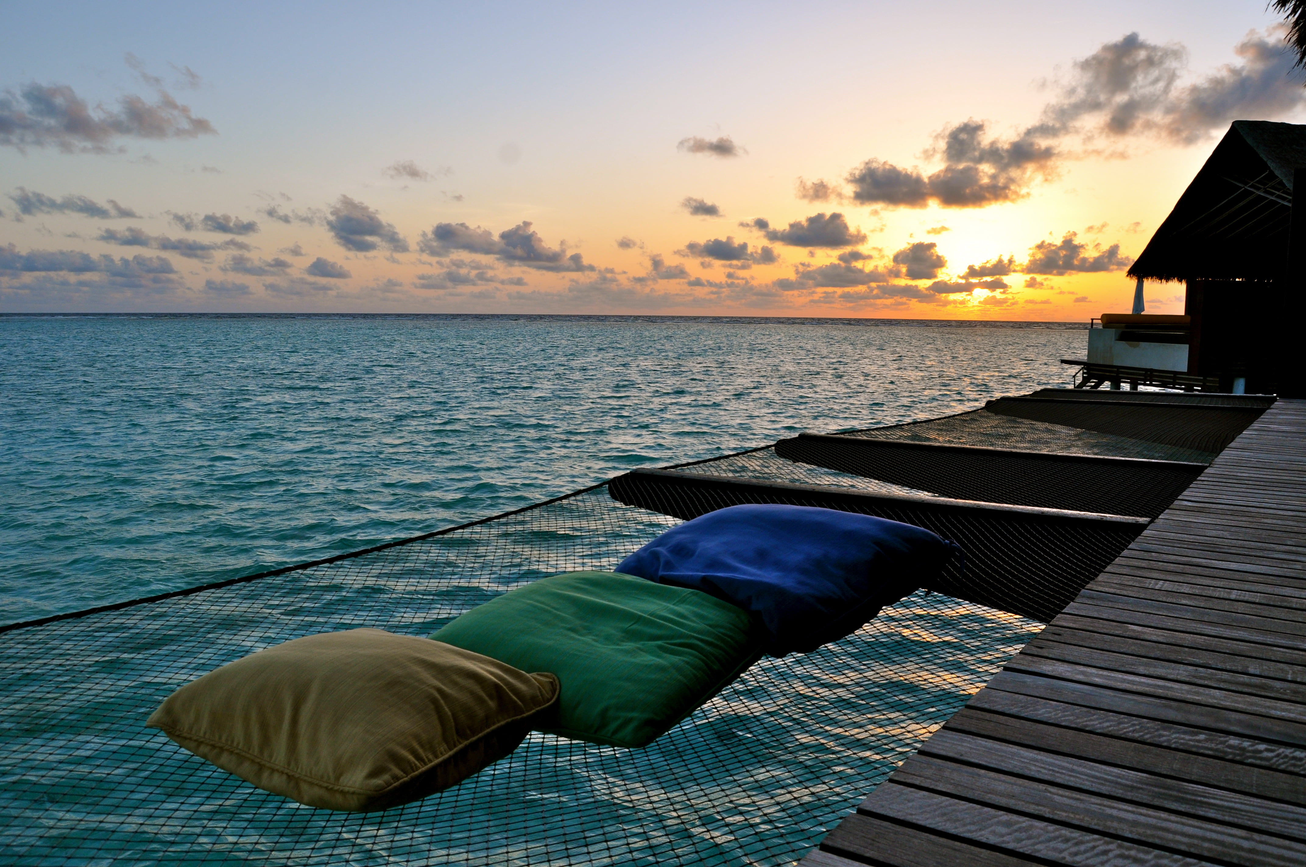 black dock net with three pillows, Maldives, Sunset, rah, the one and only