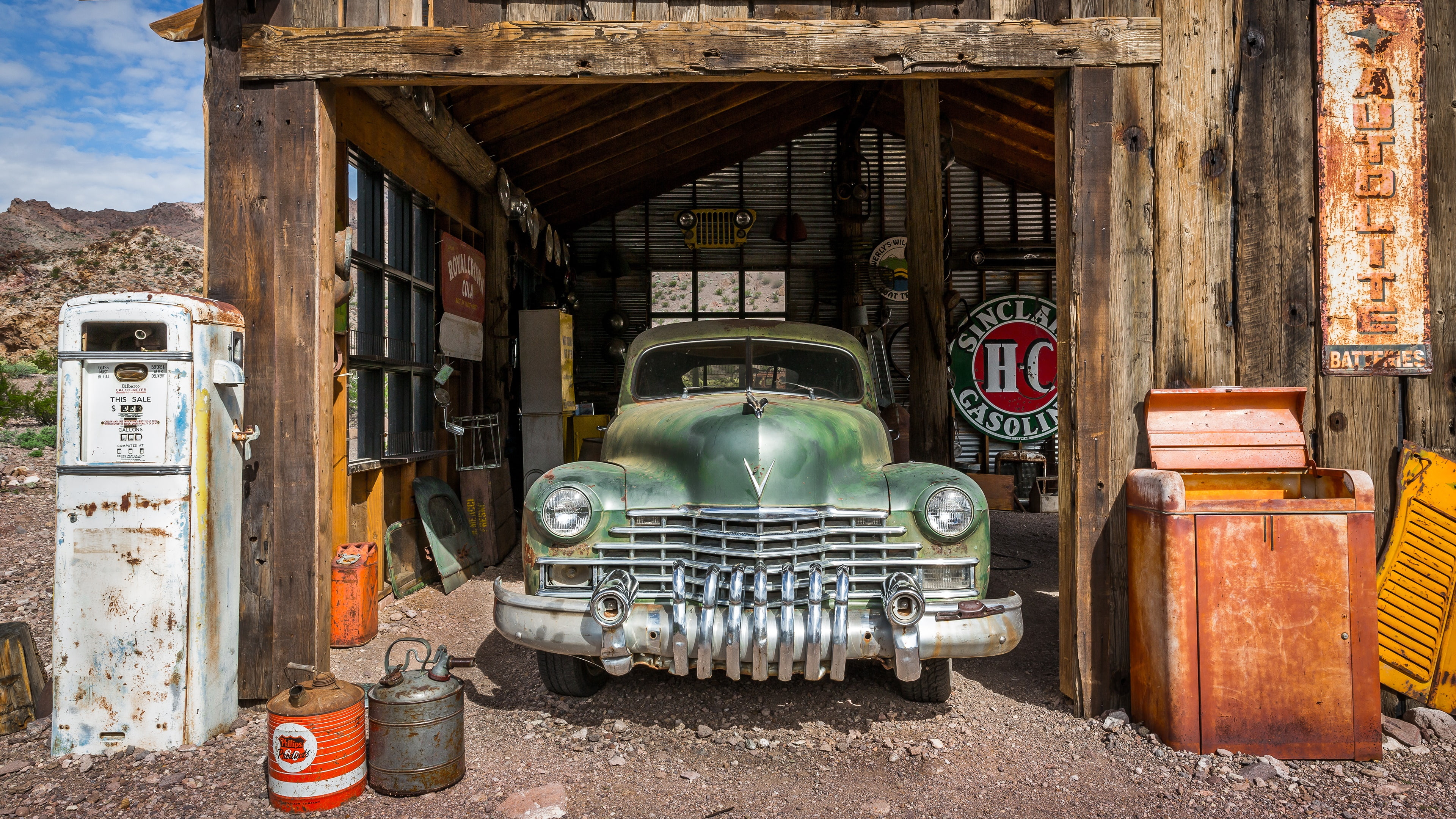vintage car, antique car, classic car, gas station