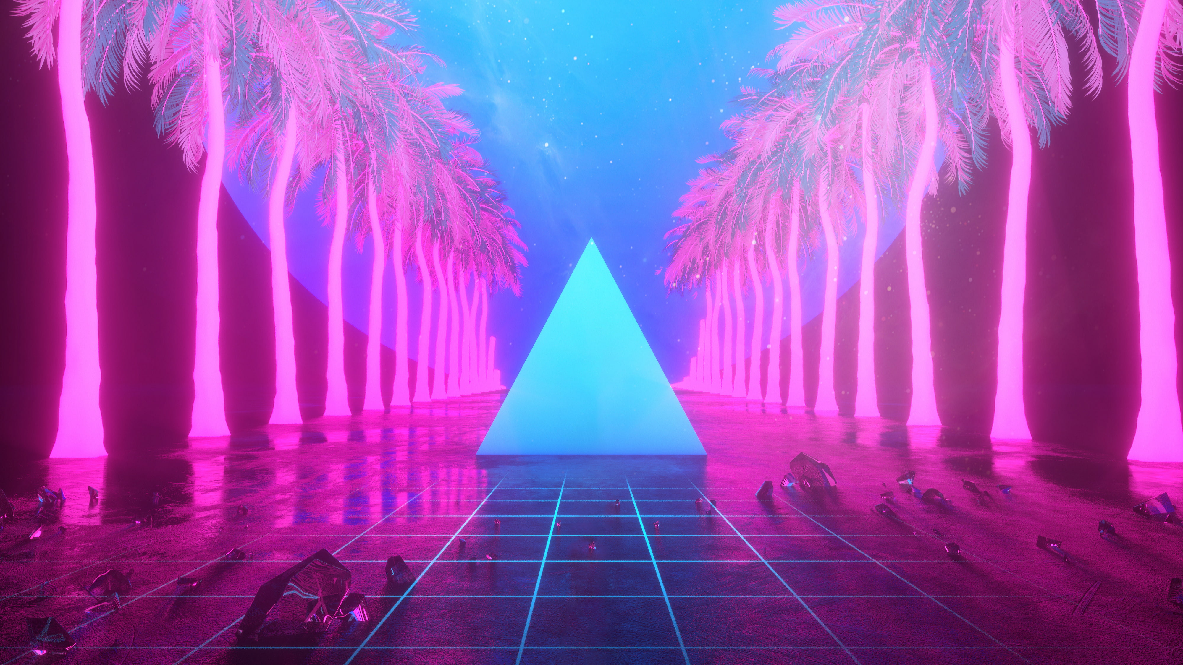 Retro style, vaporwave, abstract, palm trees, pyramid, post post-modernism