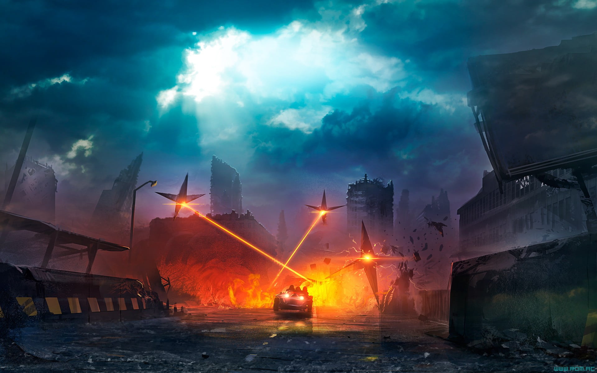 untitled, apocalyptic, futuristic, lasers, road, car, burning