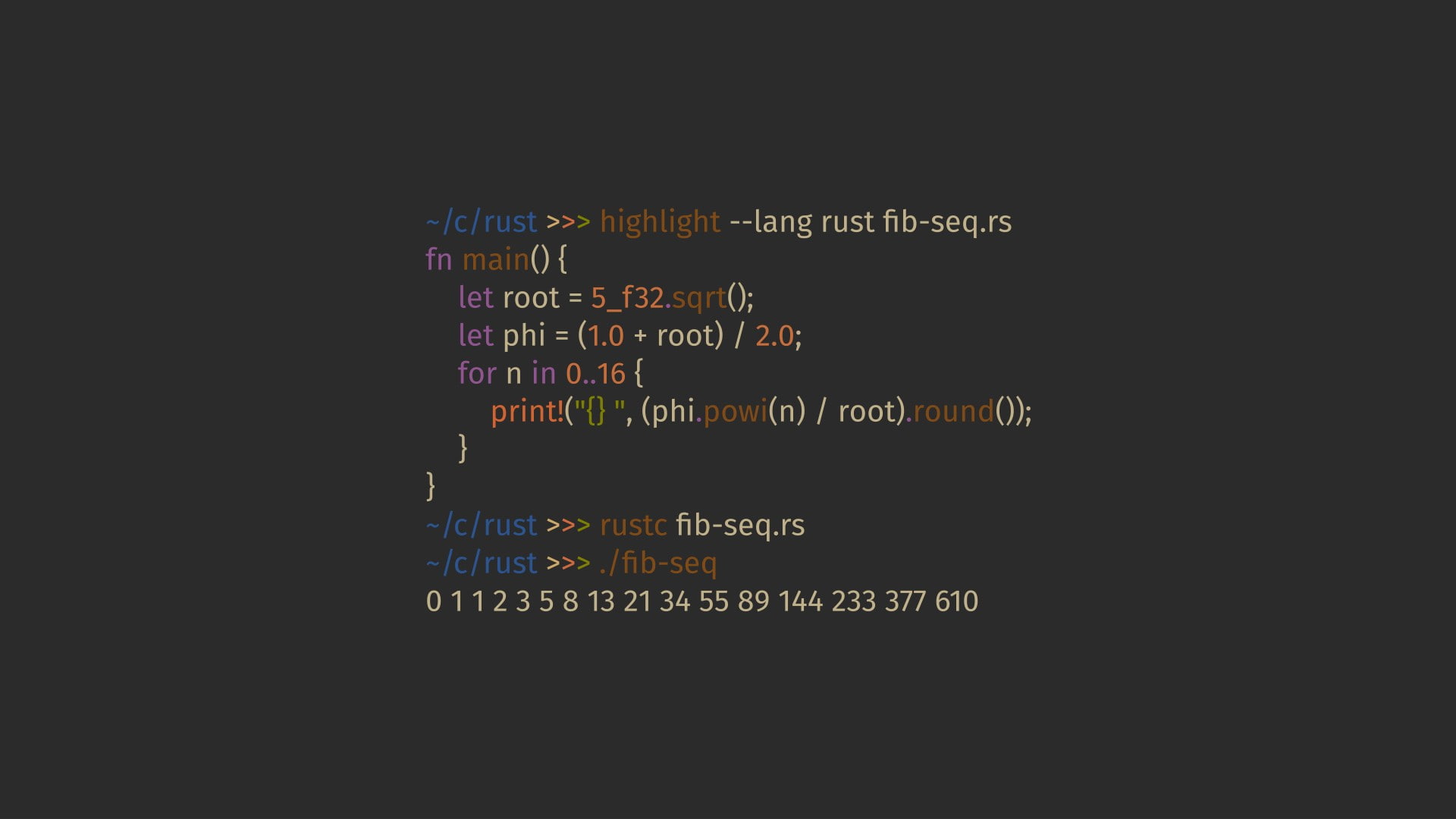 Code, Fibonacci Sequence, programming, Rust, Syntax Highlighting