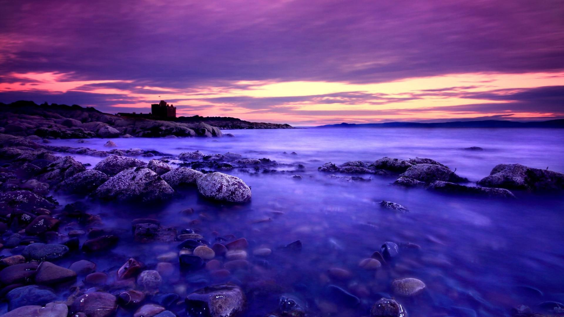 Purple Beach Sunset, stones, clouds, nature and landscapes