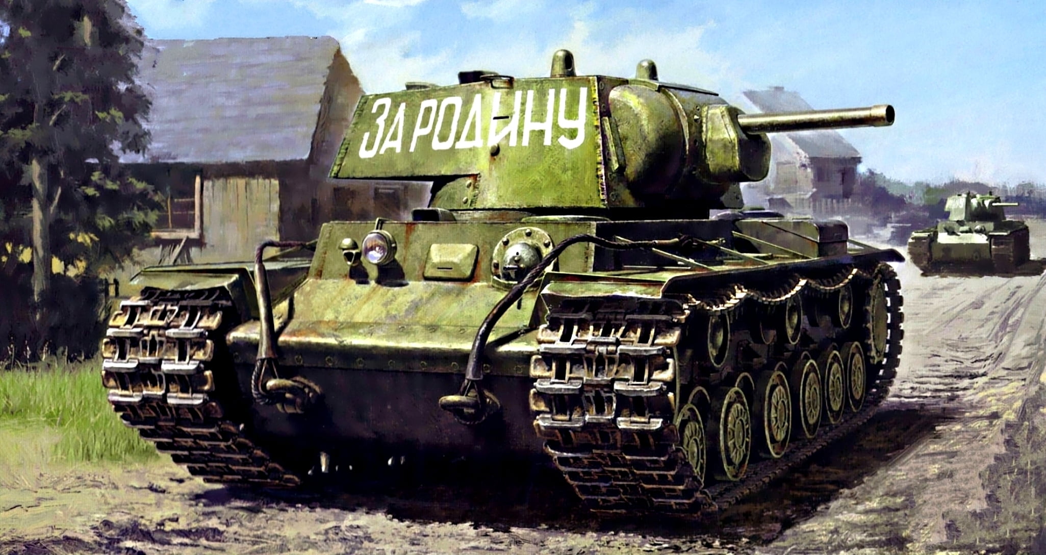 green tank, road, street, figure, art, Soviet, KV-1, heavy tank