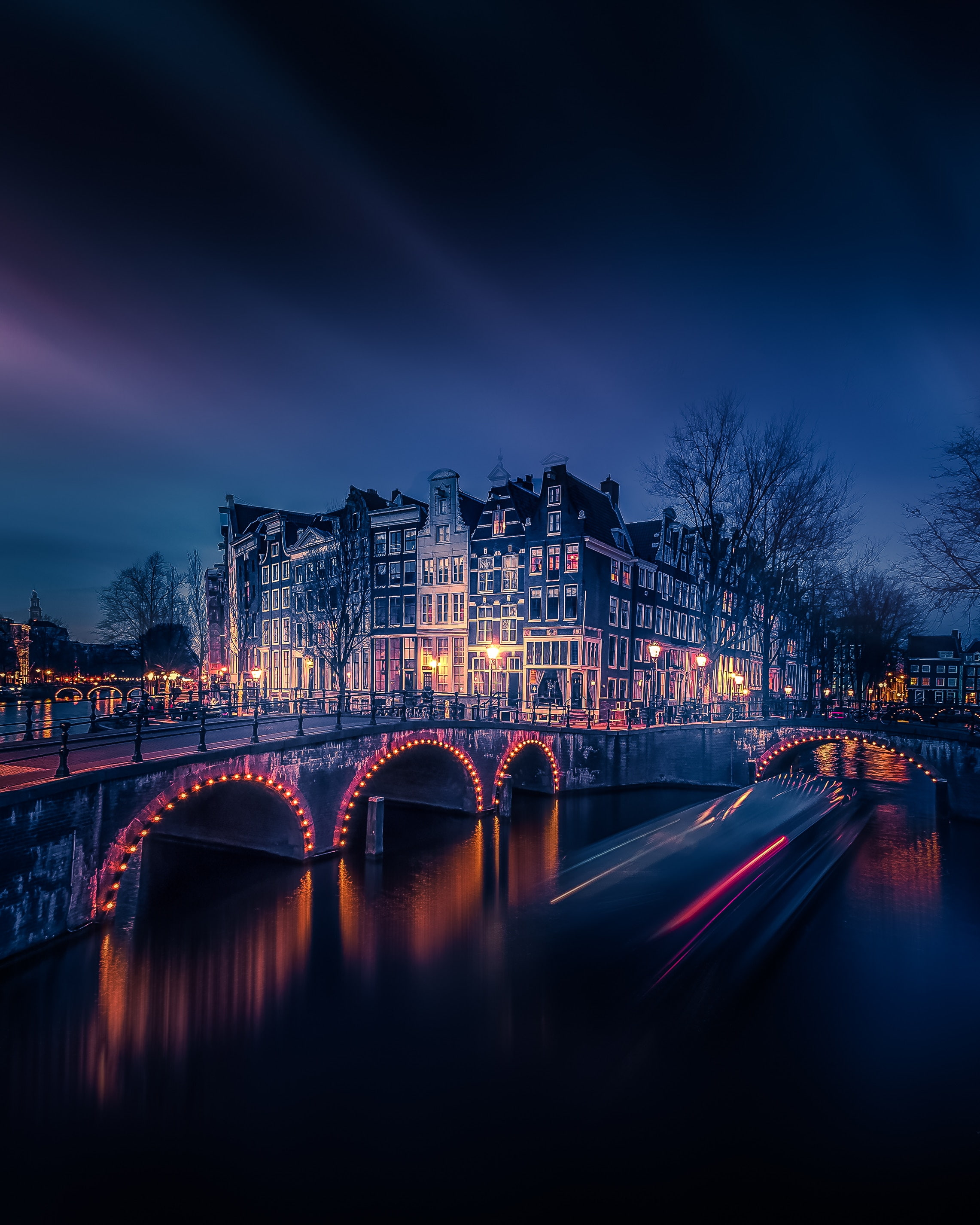 Buildings, City night, Lights, Amsterdam, Reflections, Cityscape