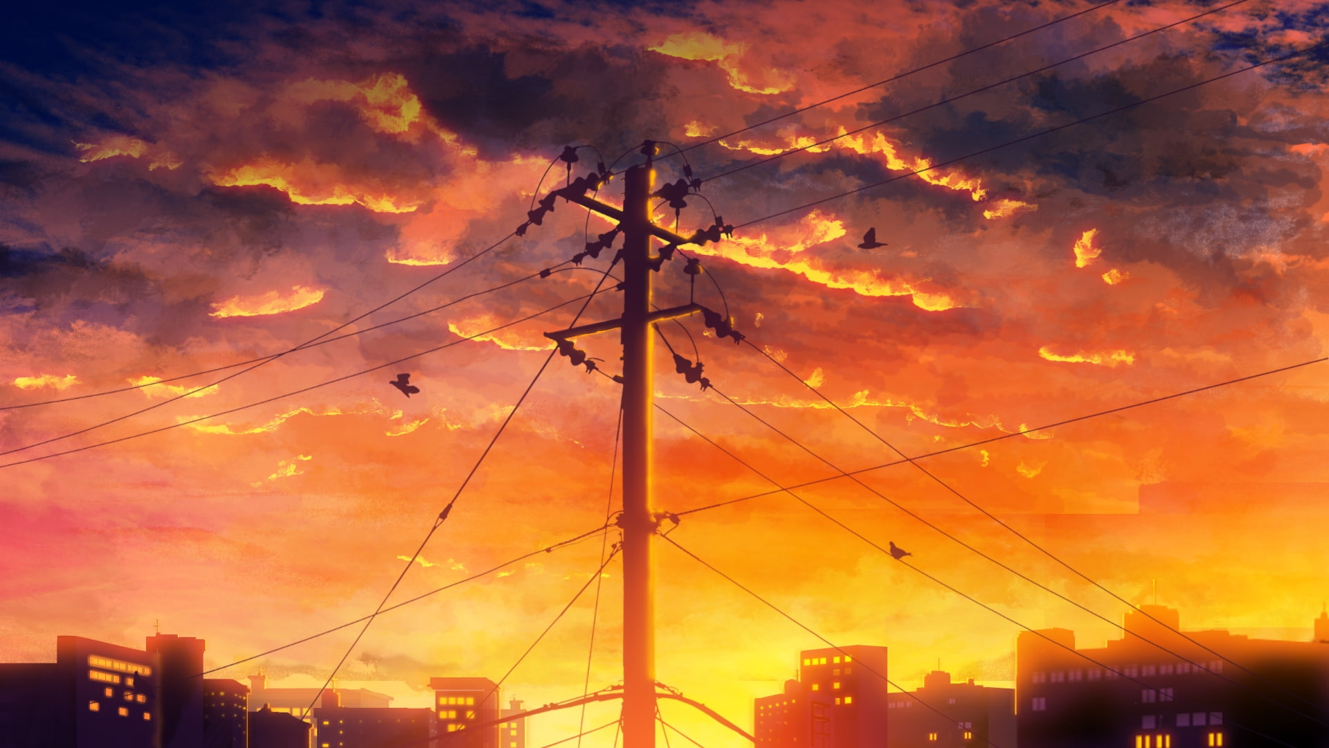 anime sunset, landscape, birds, clouds, built structure, orange color