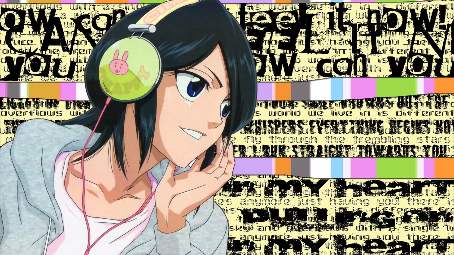 Bleach, typography, Kuchiki Rukia, headphones, anime girls