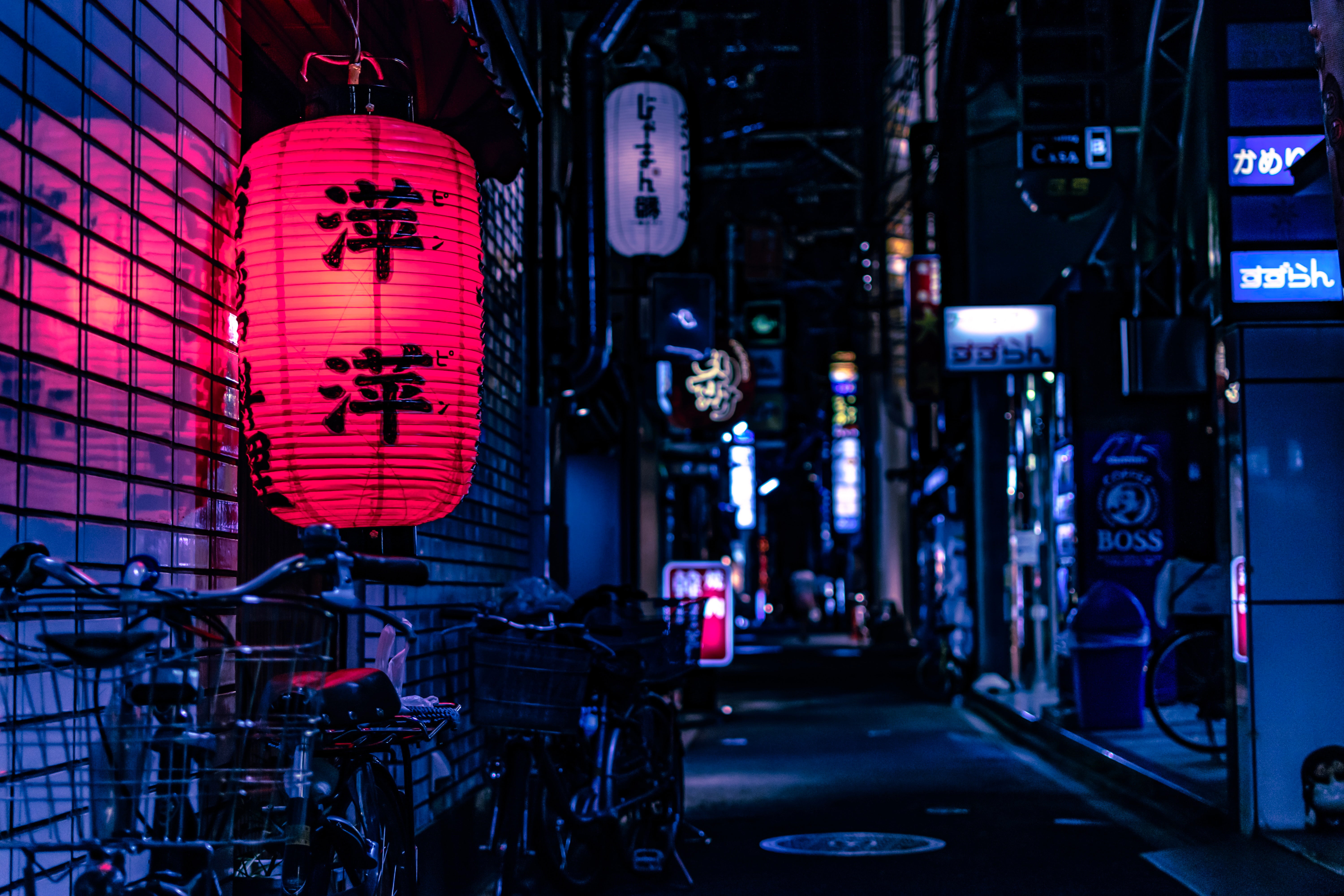 lantern, Japan, night, city, street, neon, neon lights, bicycle