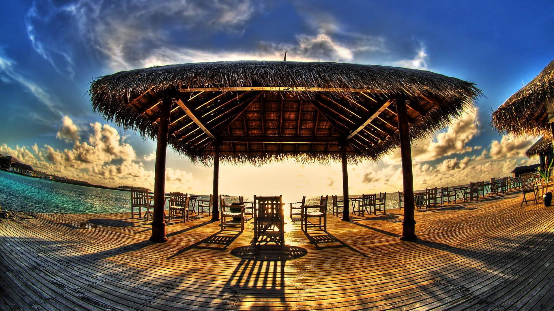 Beach Sun Nature, brown wooden tiki canopy, nature and landscape