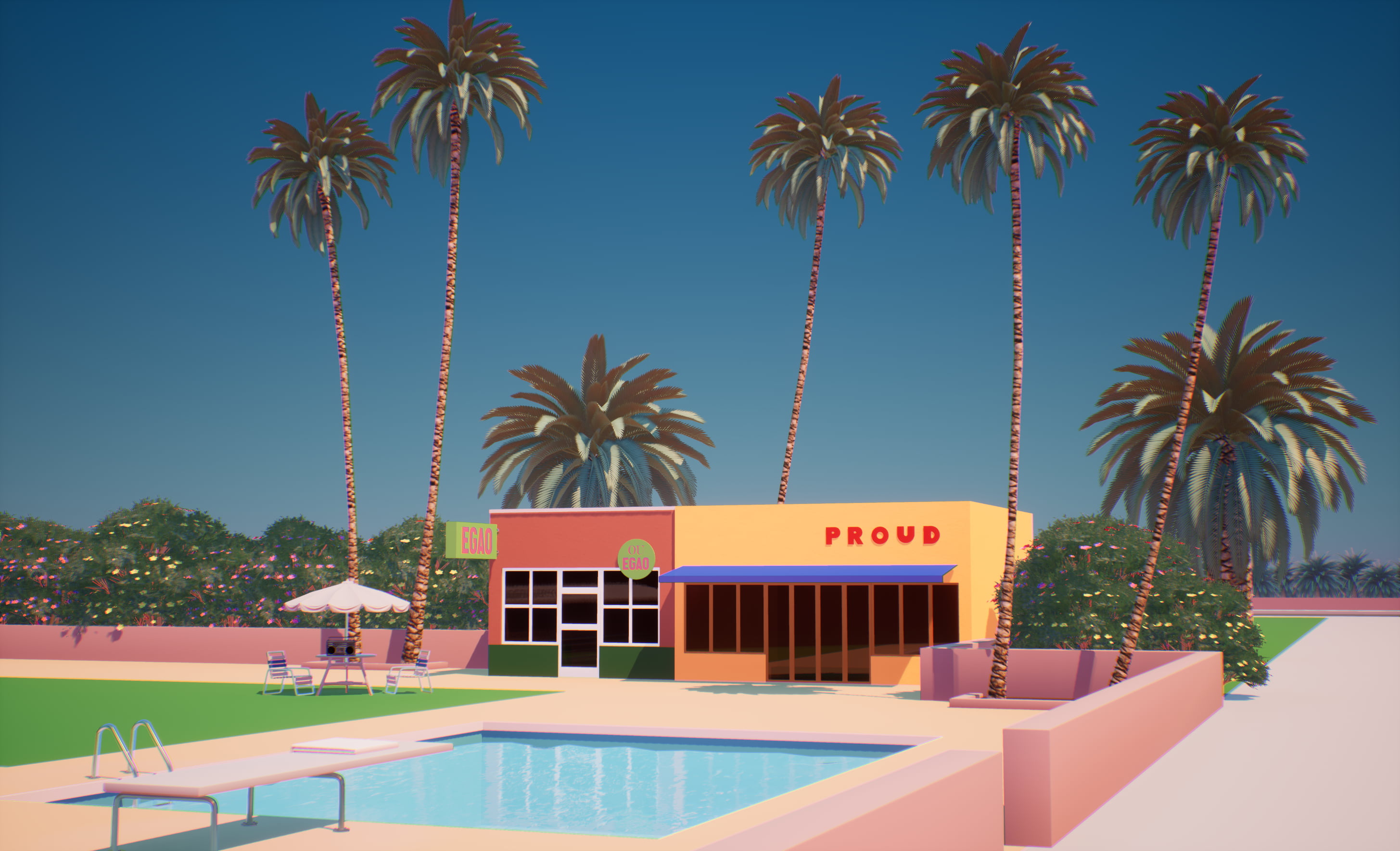 vaporwave, palm trees, render, swimming pool, digital art