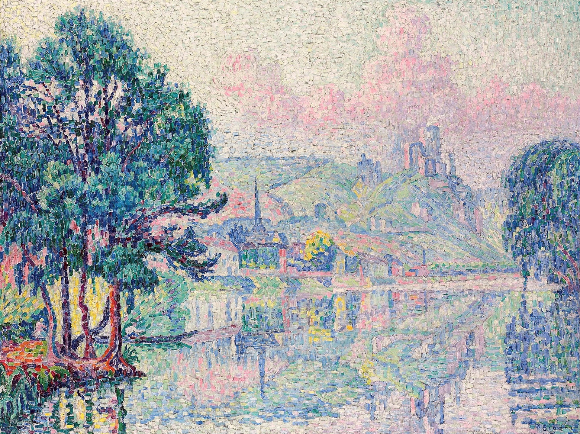 landscape, river, picture, Paul Signac, pointillism, Les Andelys. Morning. Summer