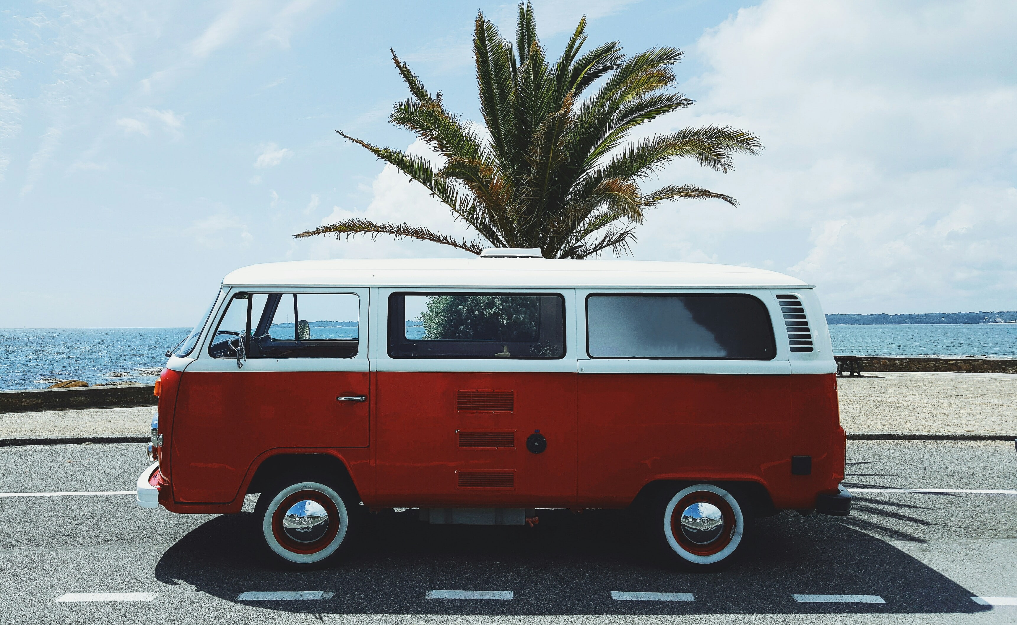 red, white, Concarneau, palm trees, vw bus, beach, France