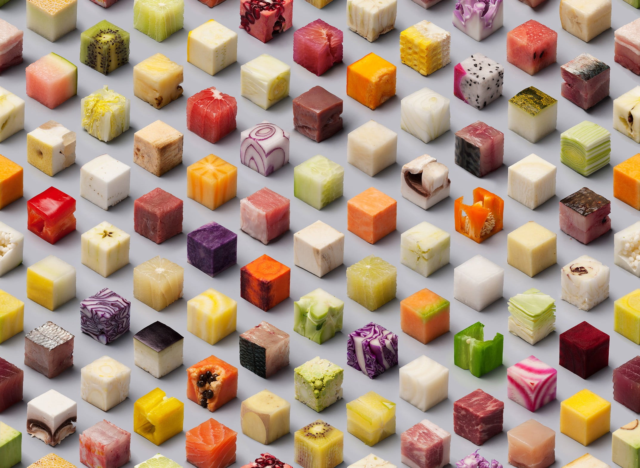 cube, minimalism, melons, kiwi (fruit), meat, artwork, gray background