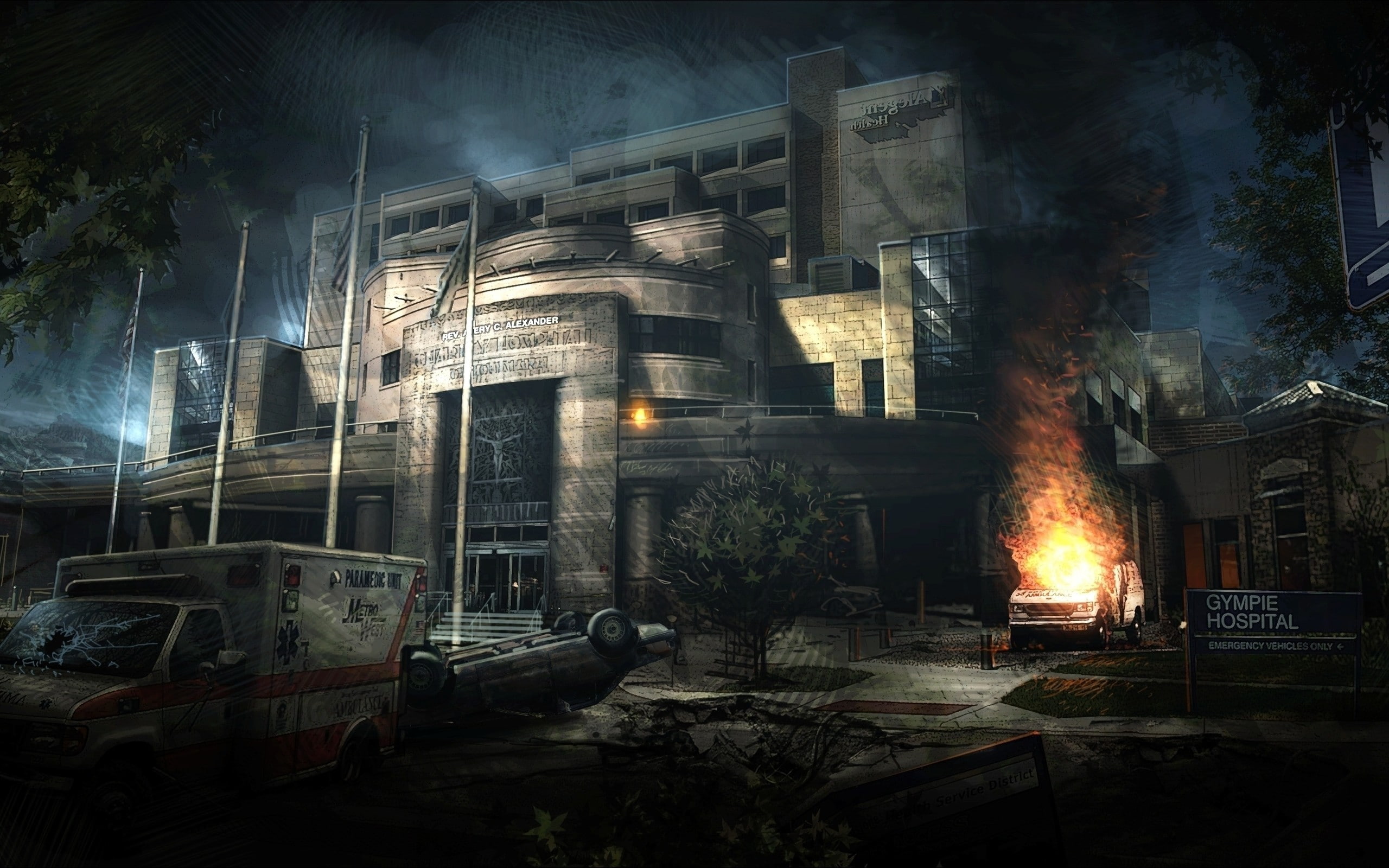Fire, Hospital, Ambulances, Concept Art, Apocalyptic, Abandoned, Abandoned City, 3-d photo of building