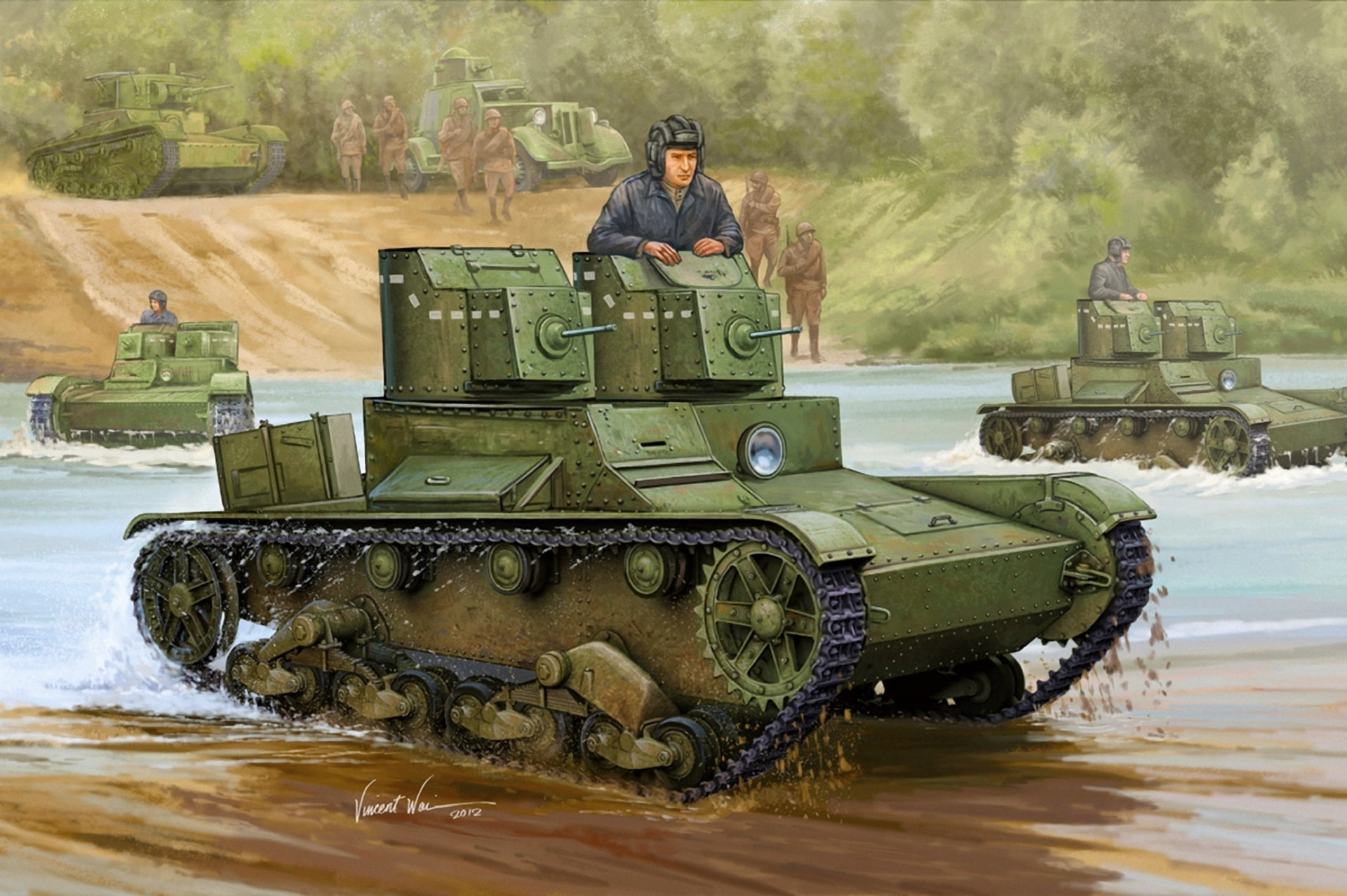 battle tanks illustration, river, shore, art, soldiers, army
