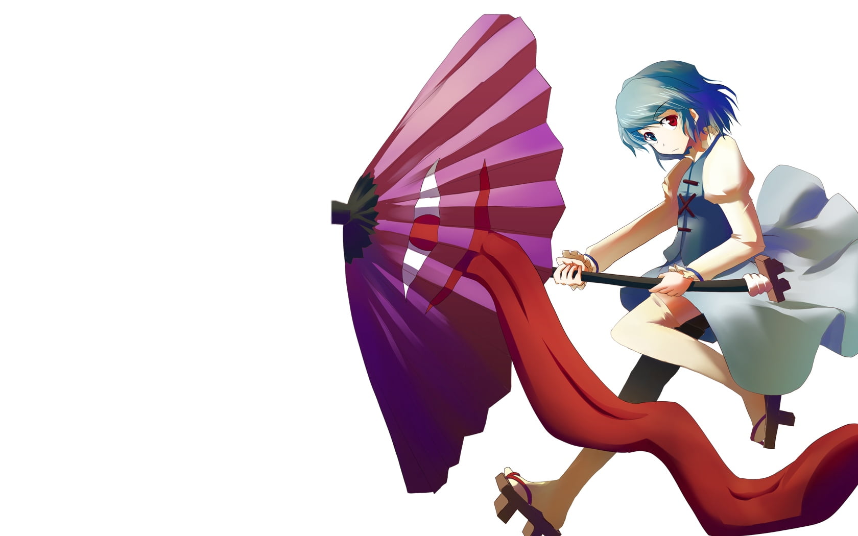 blue haired anime character, touhou, tatara kogasa, girl, umbrella