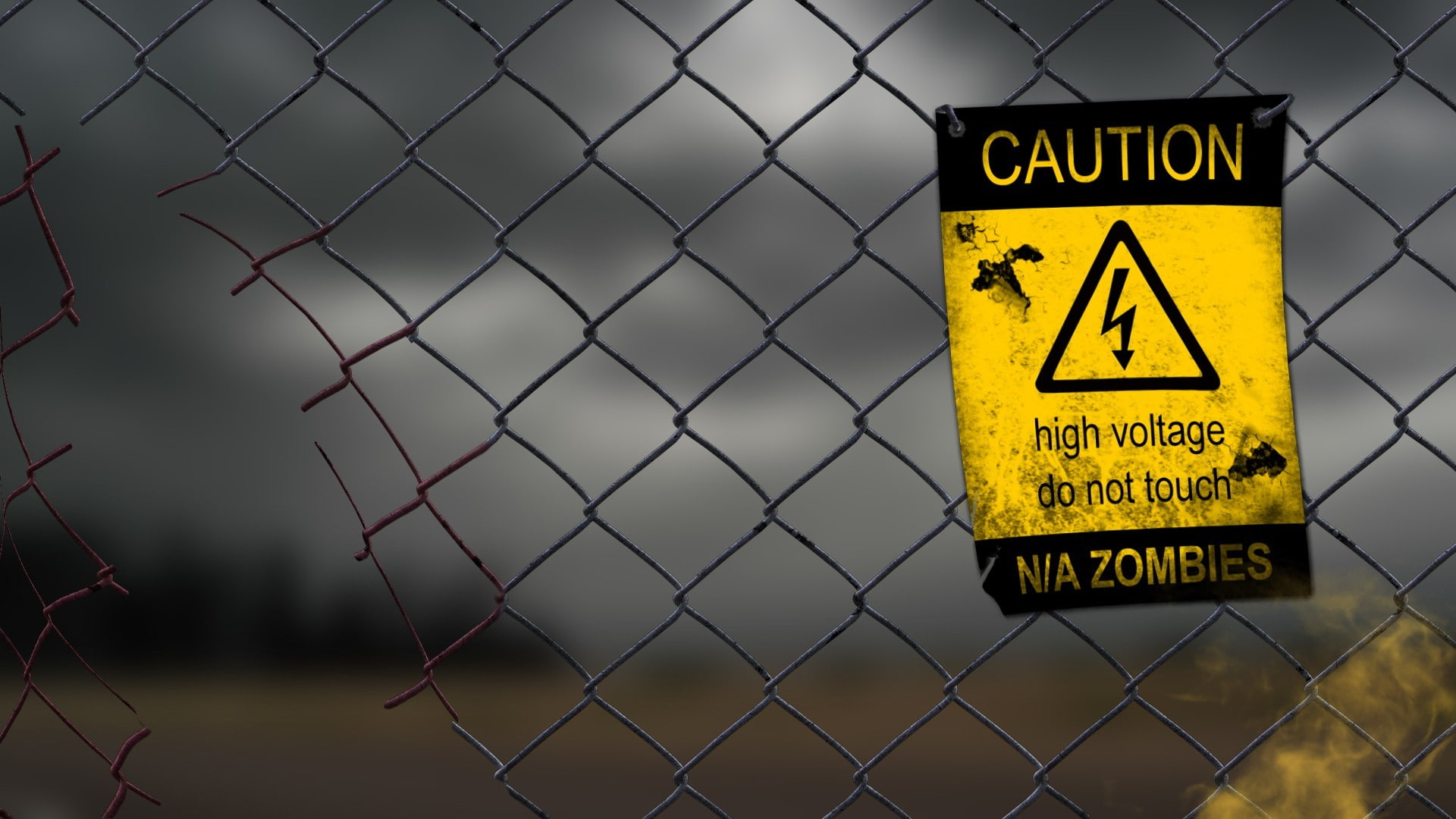 warning signs, zombies, high voltage, digital art, humor, fence