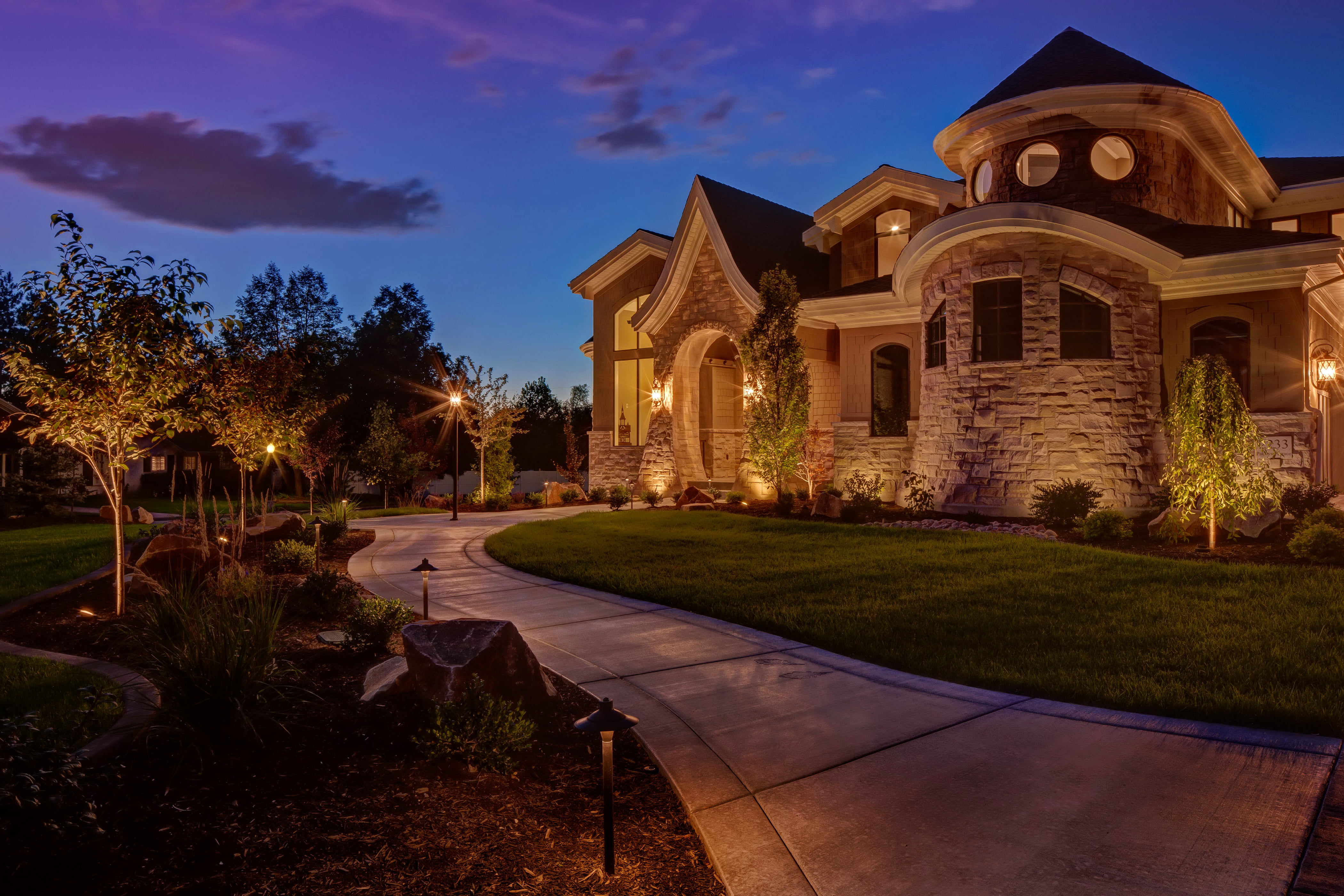 brown concrete house, trees, night, lights, lawn, track, USA