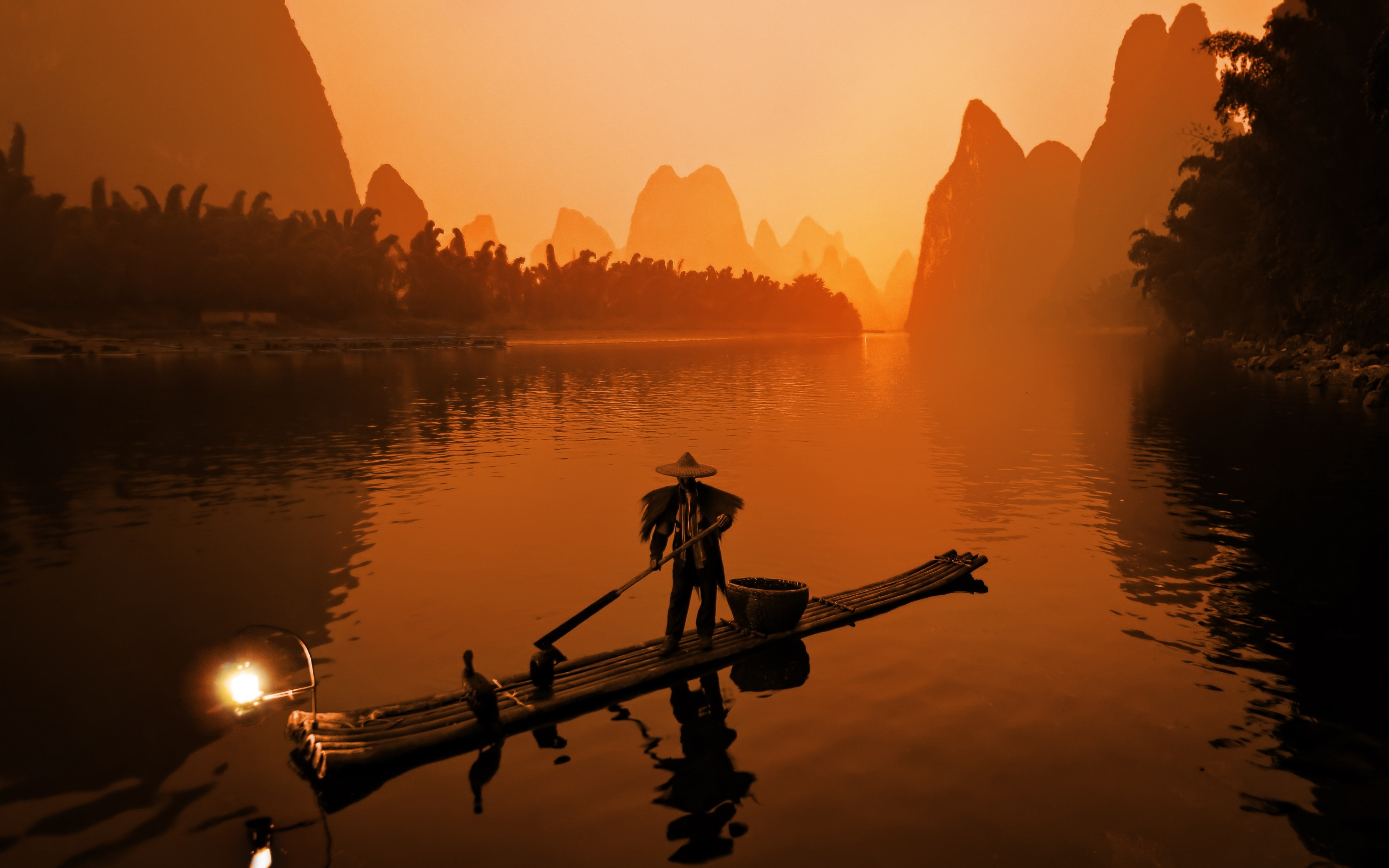 guanxi zhuang, water, sunset, sky, reflection, nature, morning