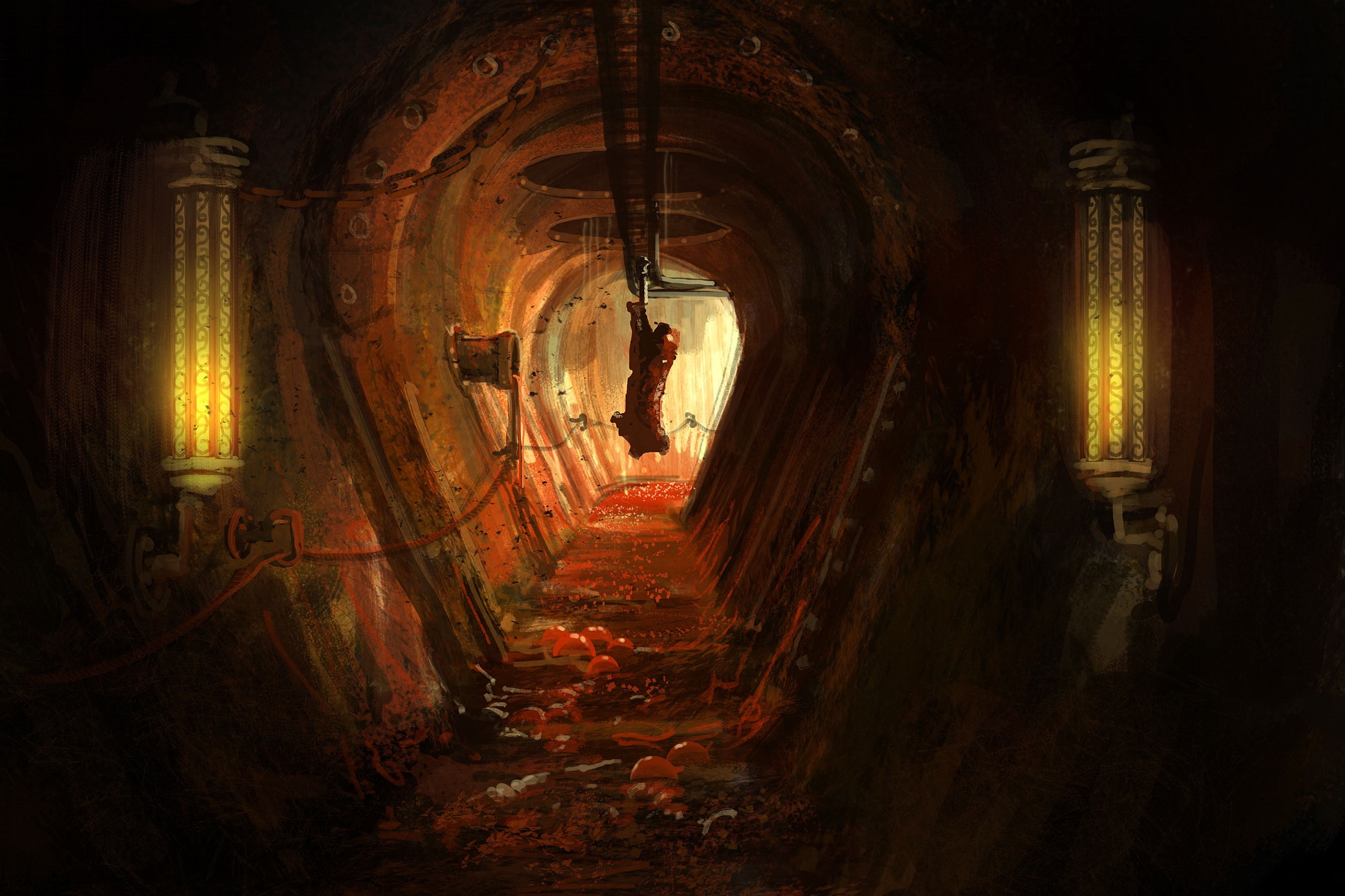 horror-themed underground tunnel digital art, artwork, creepy