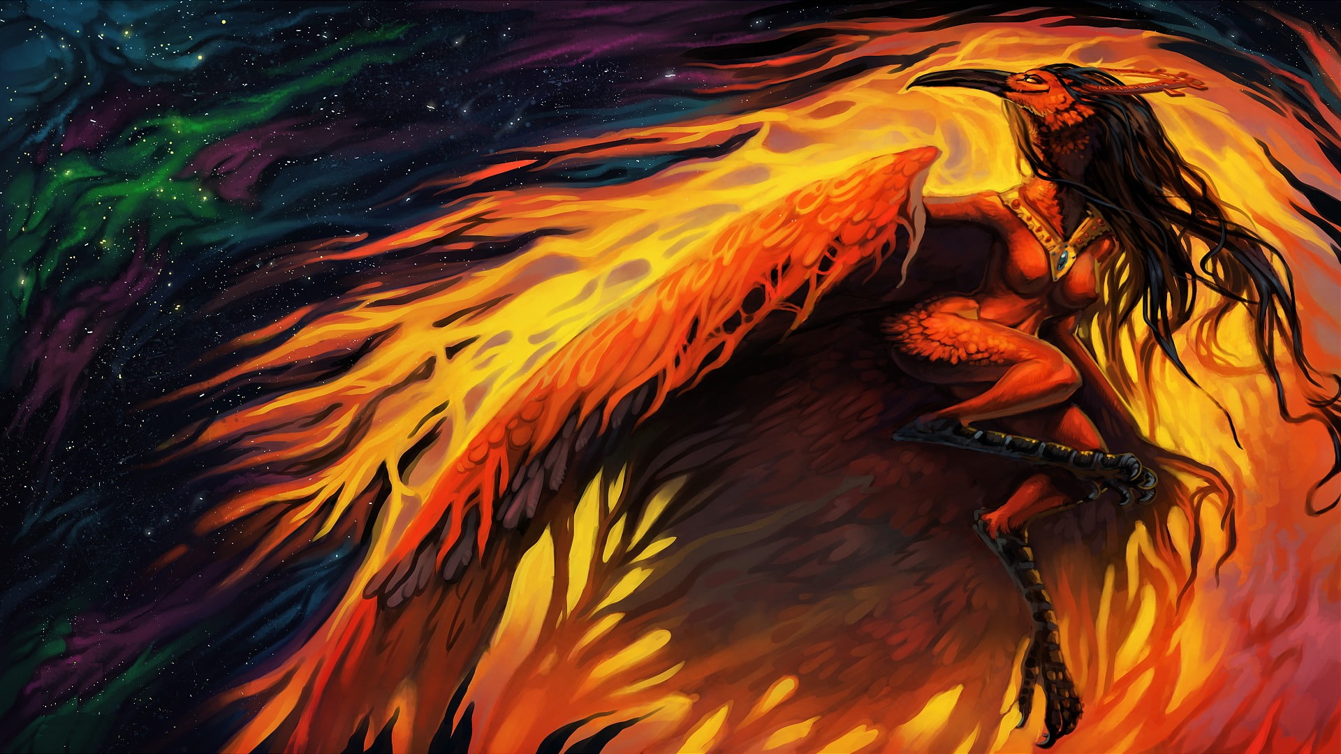 harpy fantasy character illustration, look, fiction, fire, wings