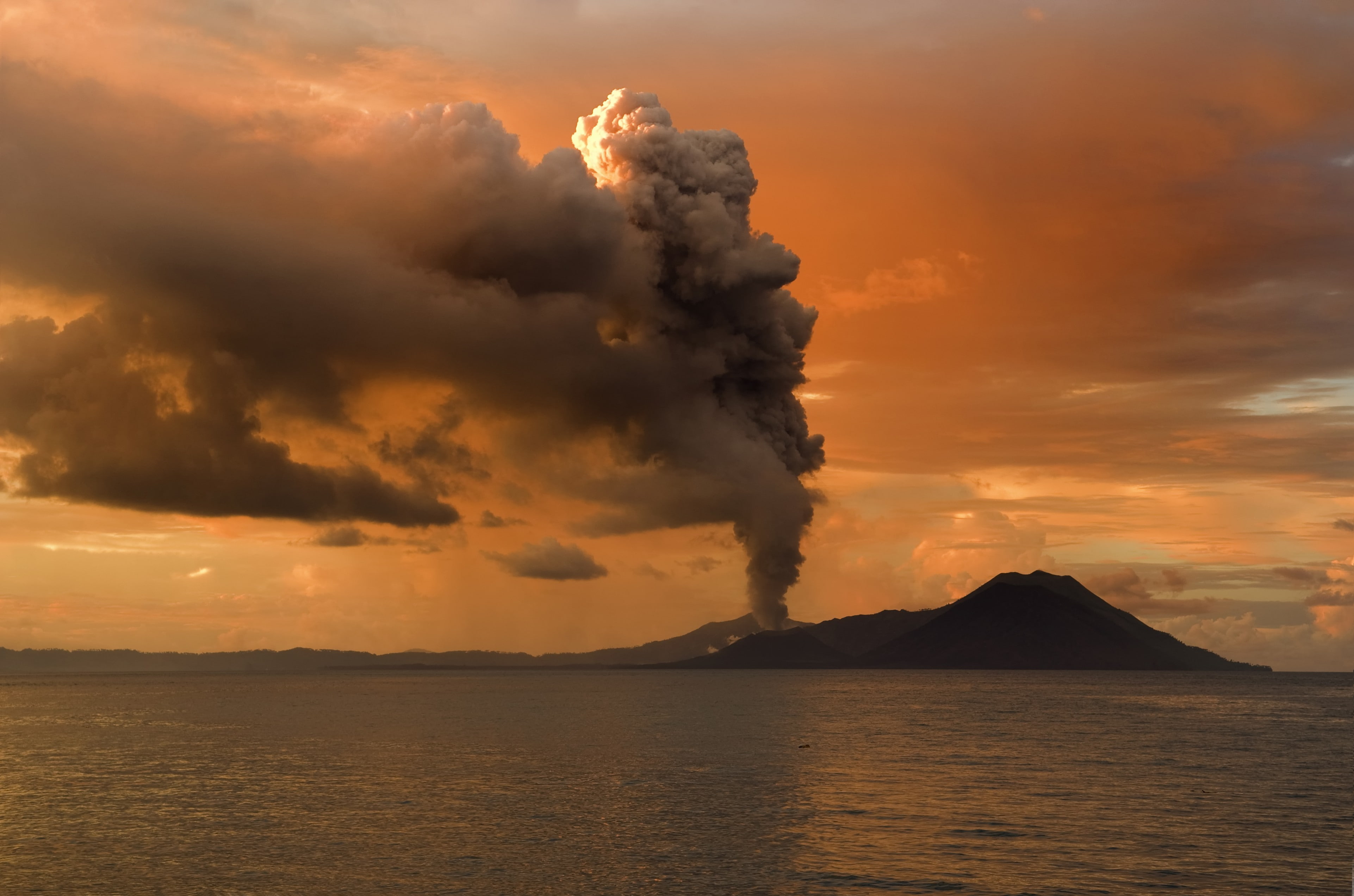 eruption, clouds, sea, volcano, trees, sunset, horizon, smoke