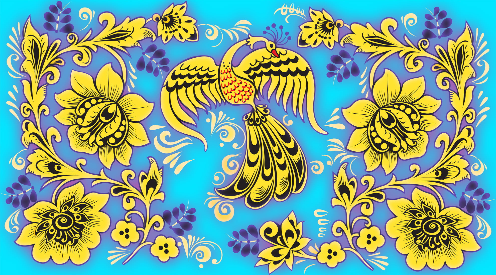 purple, teal, and yellow peacock and flowers illustration, leaves