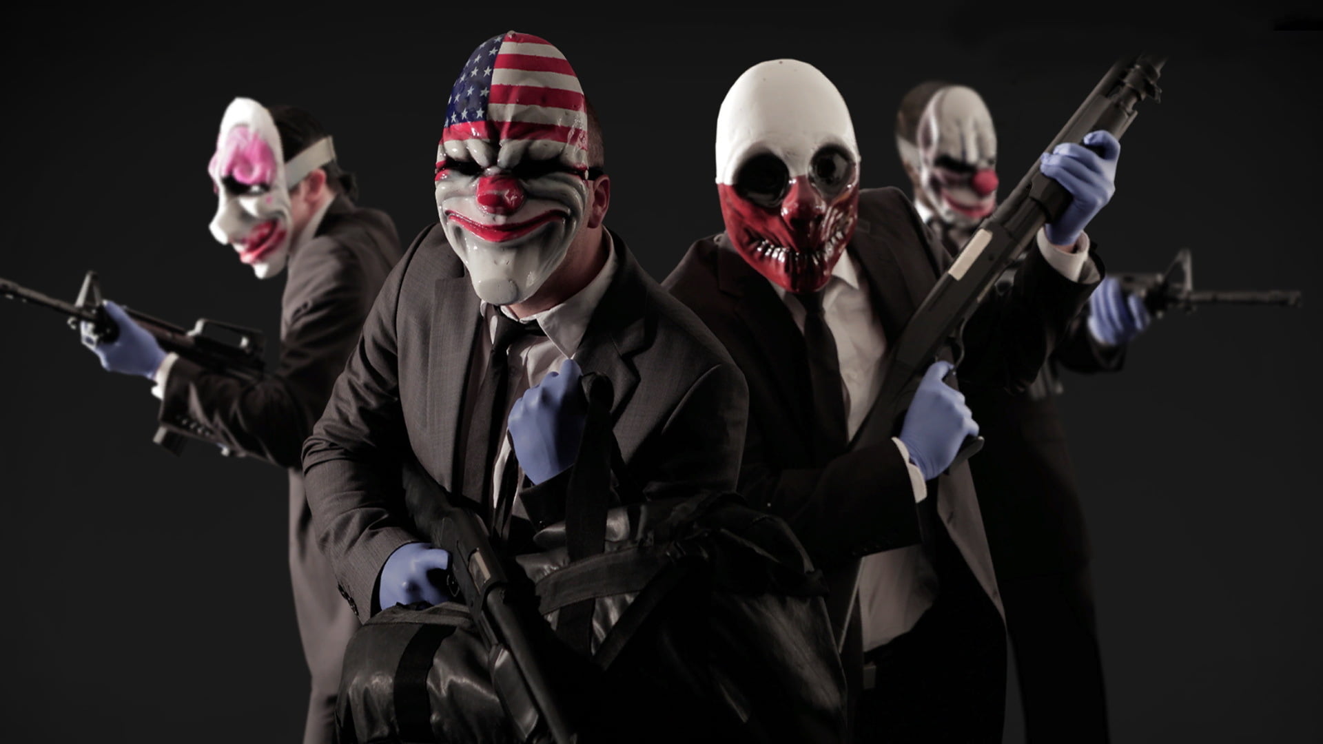 black assault rifle, game, weapons, mask, games, clowns, the robbers