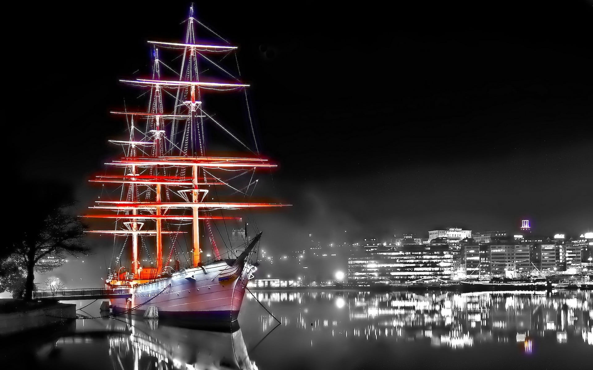selective color of sail boat, ship, digital art, selective coloring