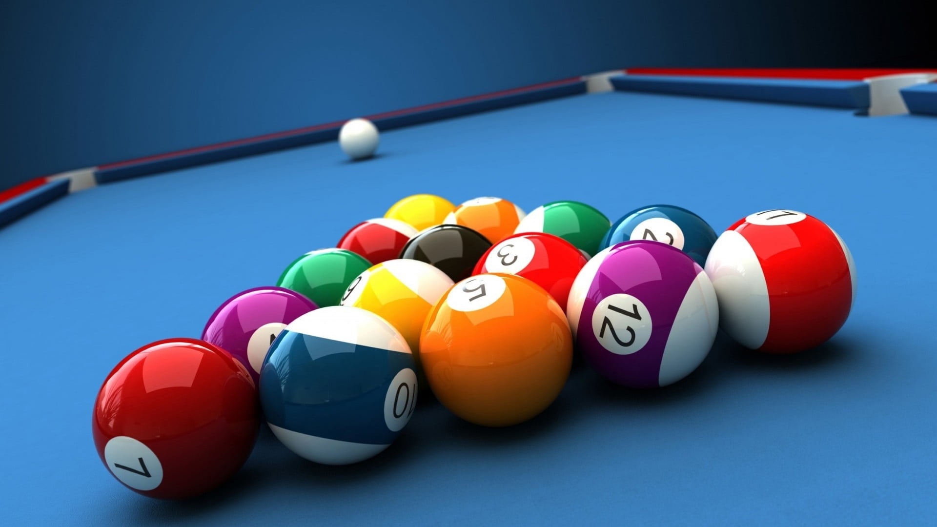 pool table set, billiard balls, colorful, numbers, closeup, depth of field