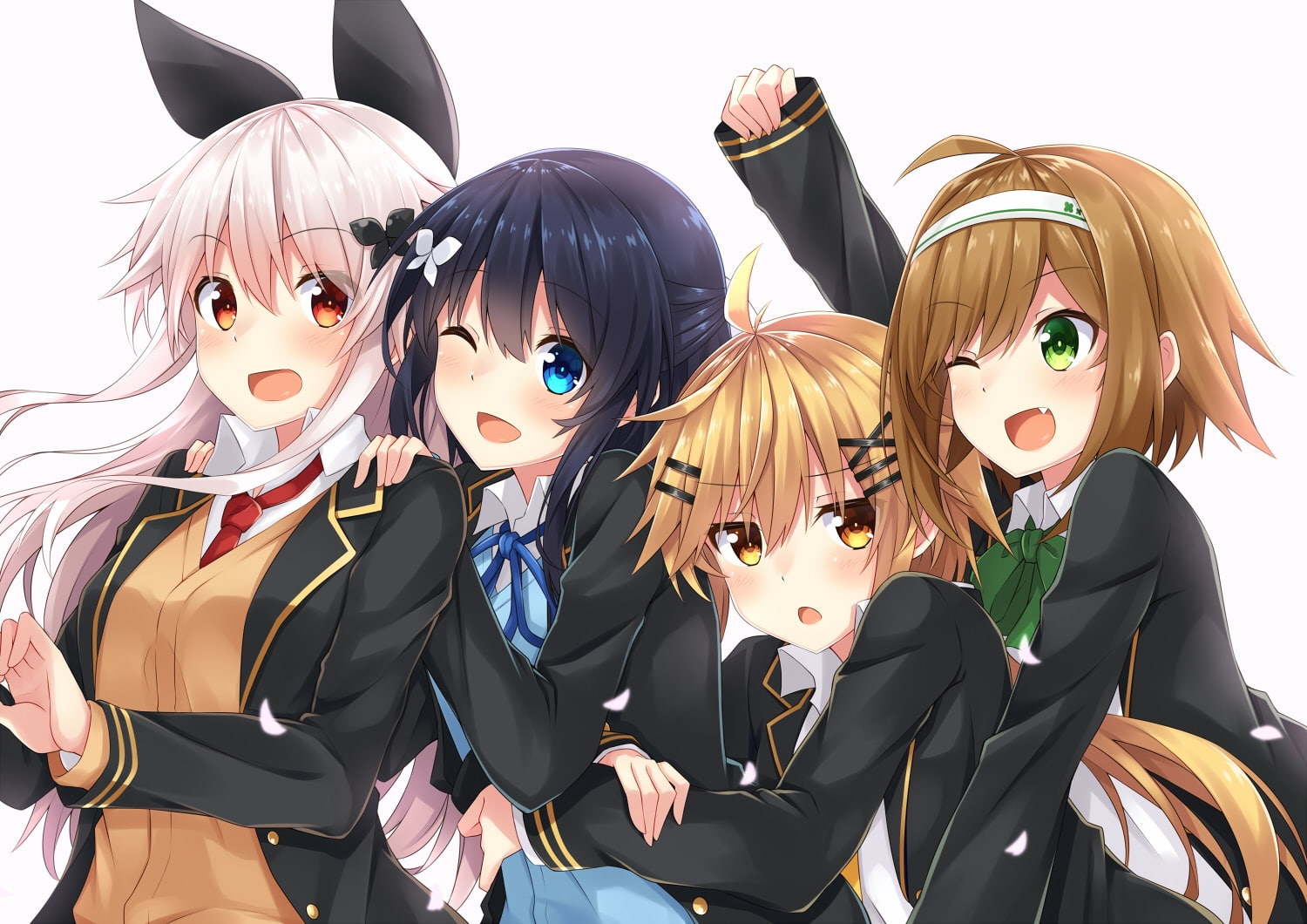 anime girls, friends, wink, smiling, happy, bunny ears, group of people