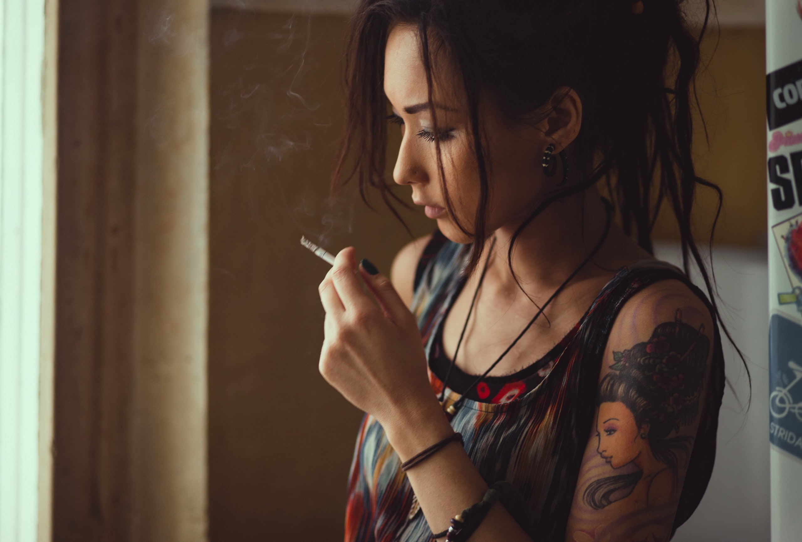 smoking, face, women, model, cigarettes, nose piercing scar