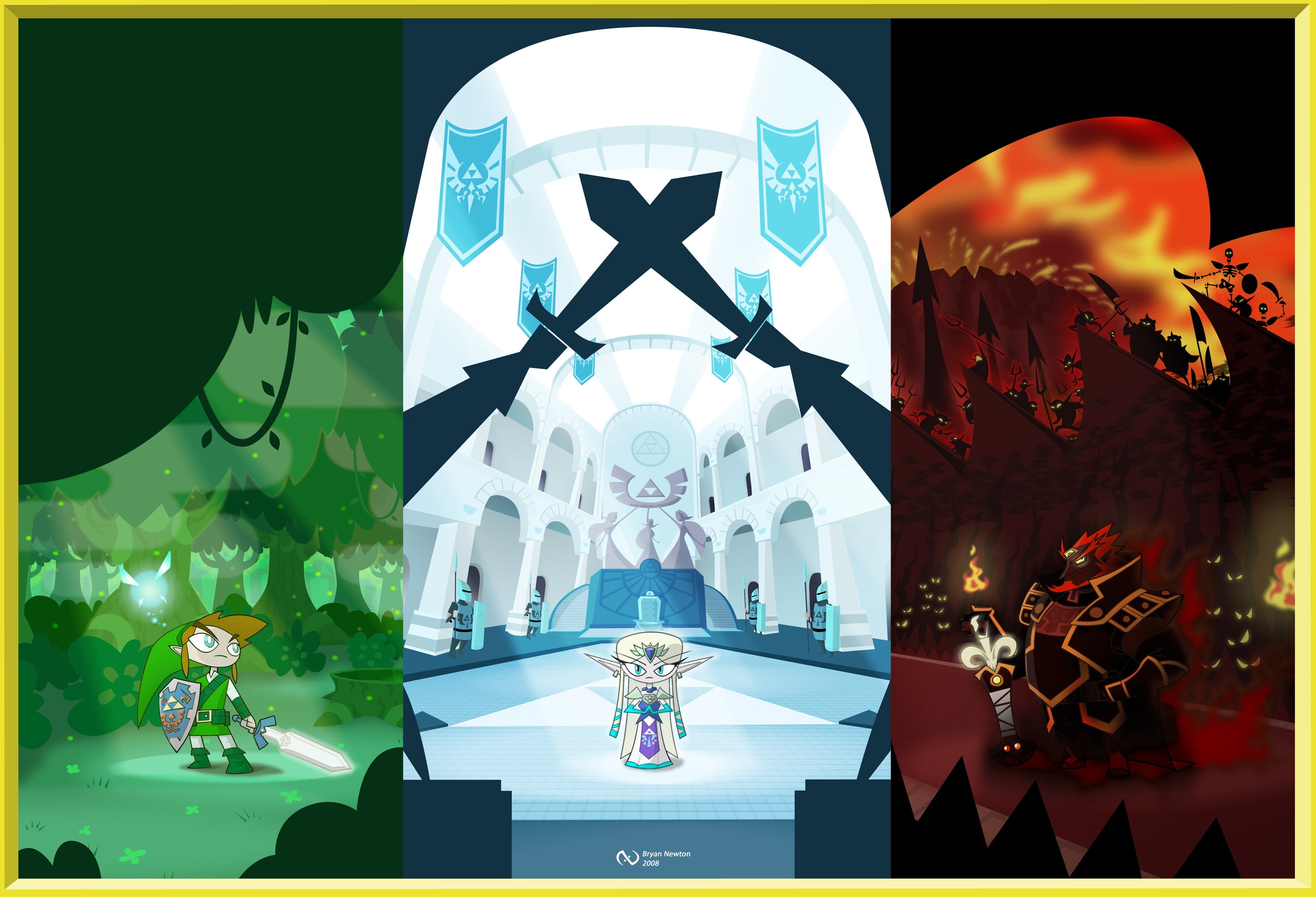 elve holding sword illustration, The Legend of Zelda, collage
