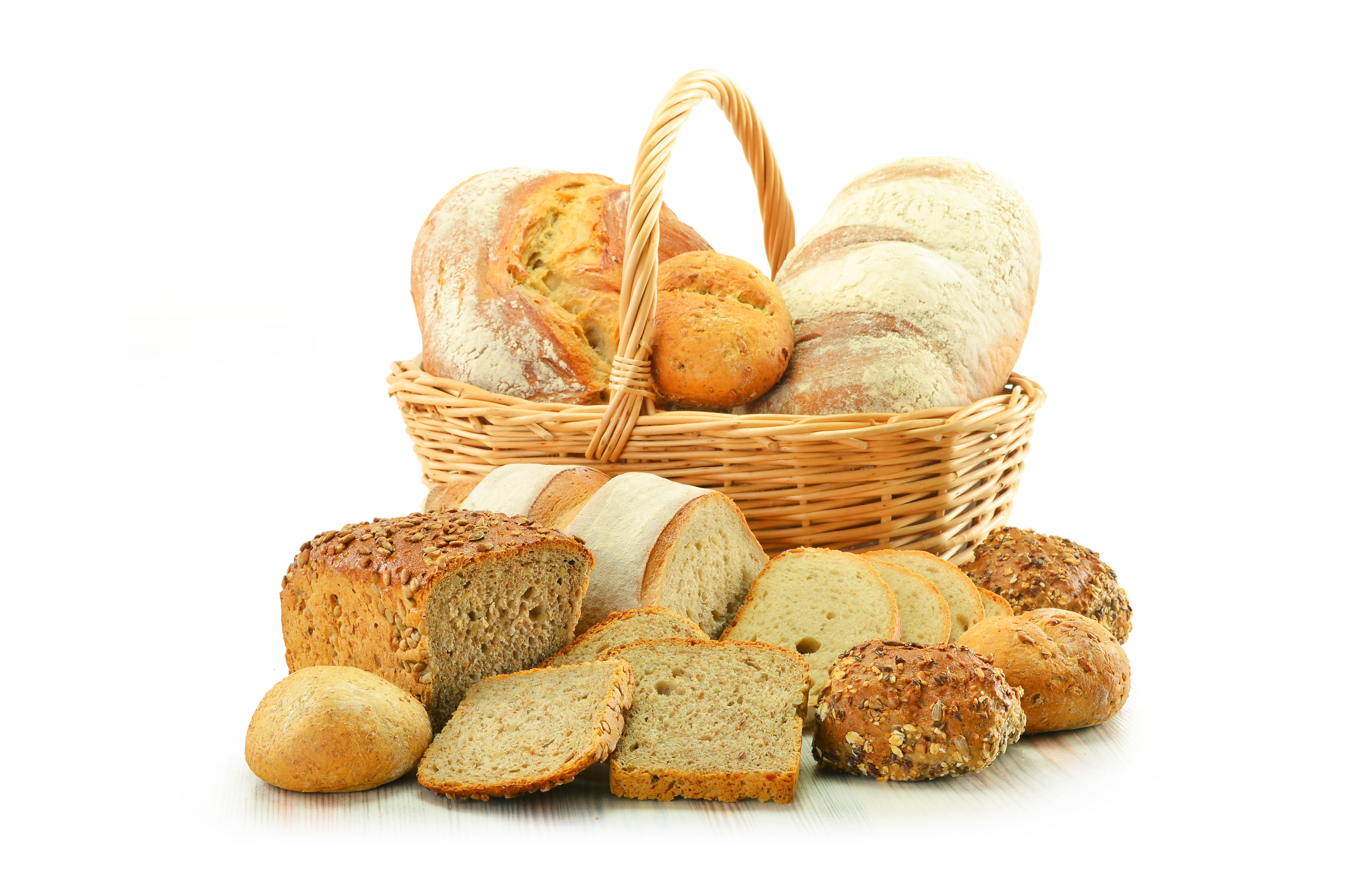 bunch of breads, basket, cakes, buns, chunks, baton, loaf of Bread