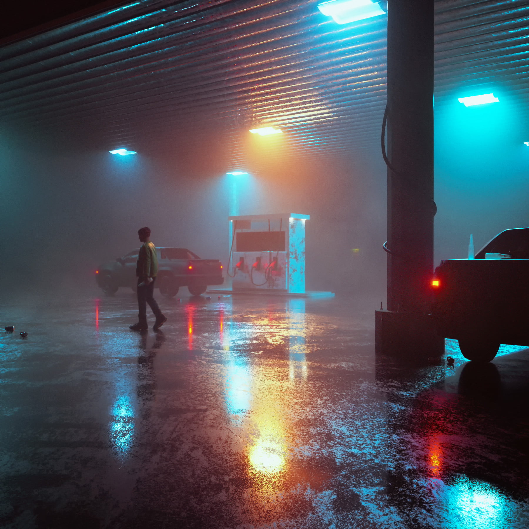 3D, render, Gas station, night, men, illuminated, one person