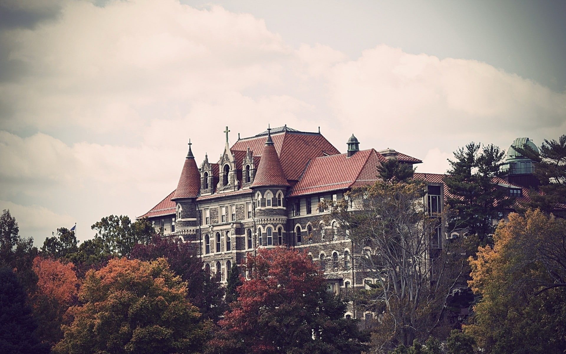 castle, trees, architecture, Chestnut Hill College, USA